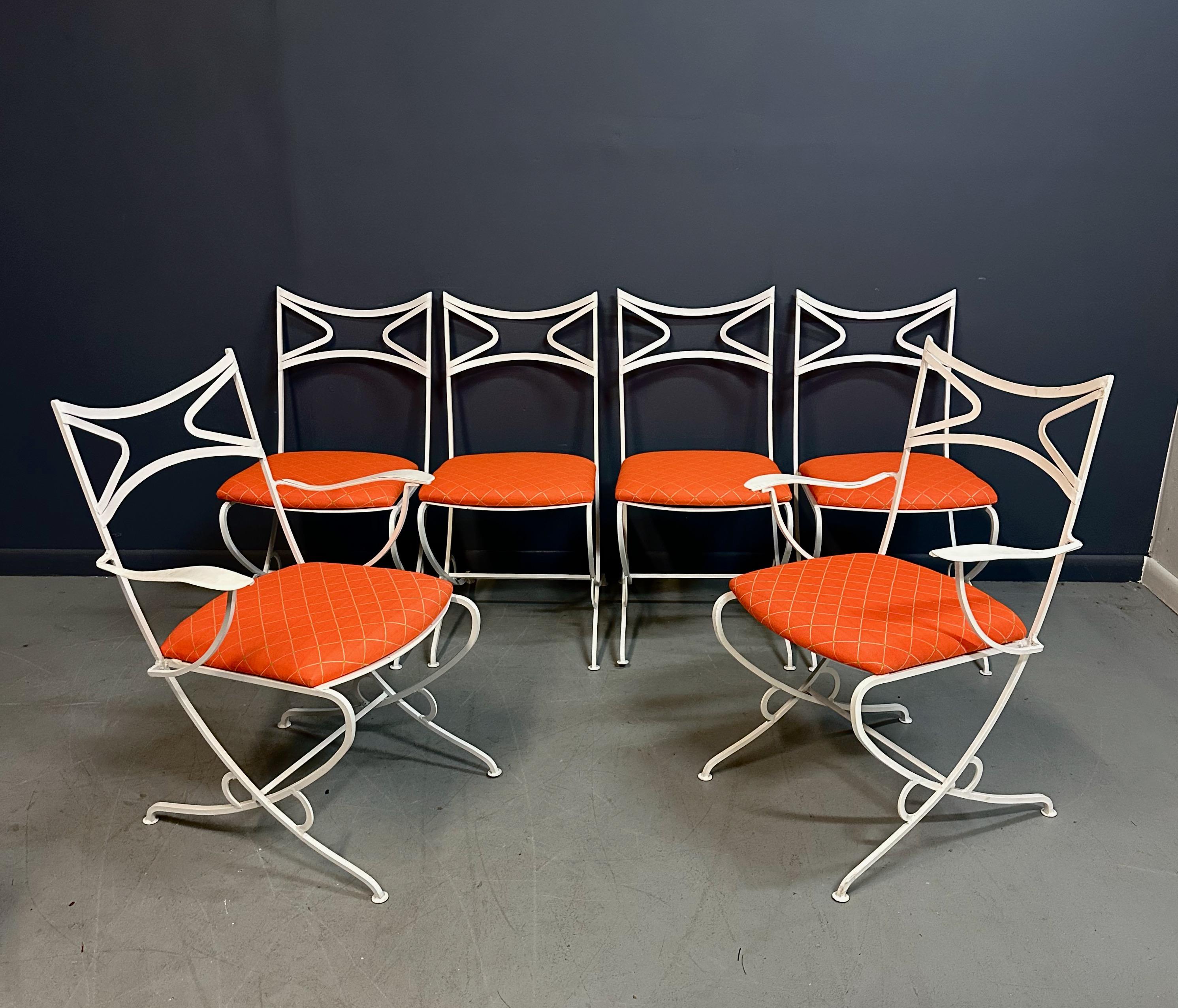 Mid-Century Modern 1940s French Outdoor Set of Iron Six Upholstered Chairs and Table Mid Century For Sale