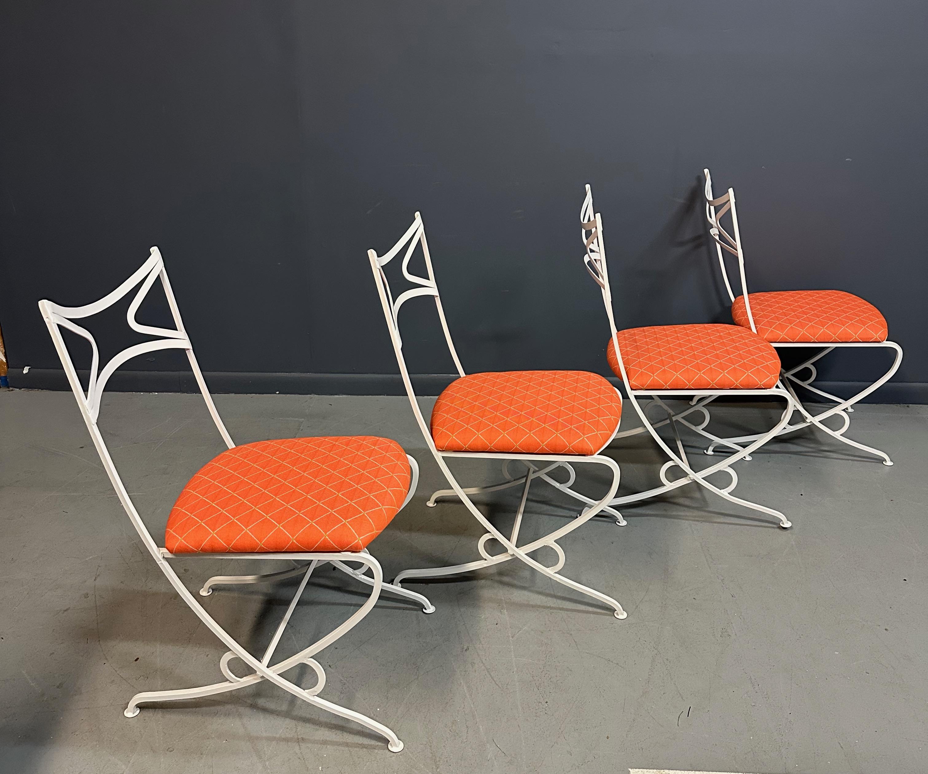 European 1940s French Outdoor Set of Iron Six Upholstered Chairs and Table Mid Century For Sale