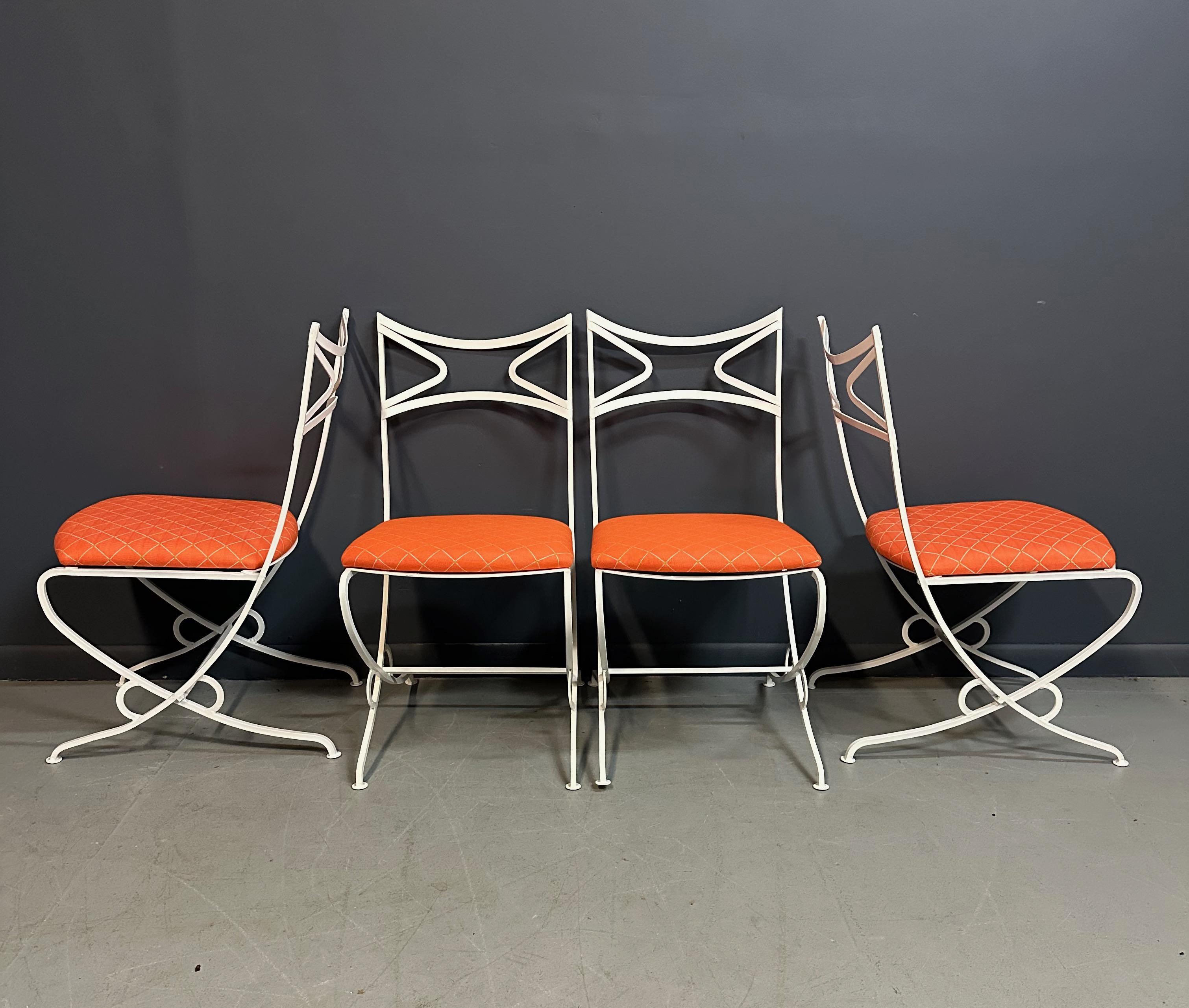 1940s French Outdoor Set of Iron Six Upholstered Chairs and Table Mid Century In Good Condition For Sale In Philadelphia, PA