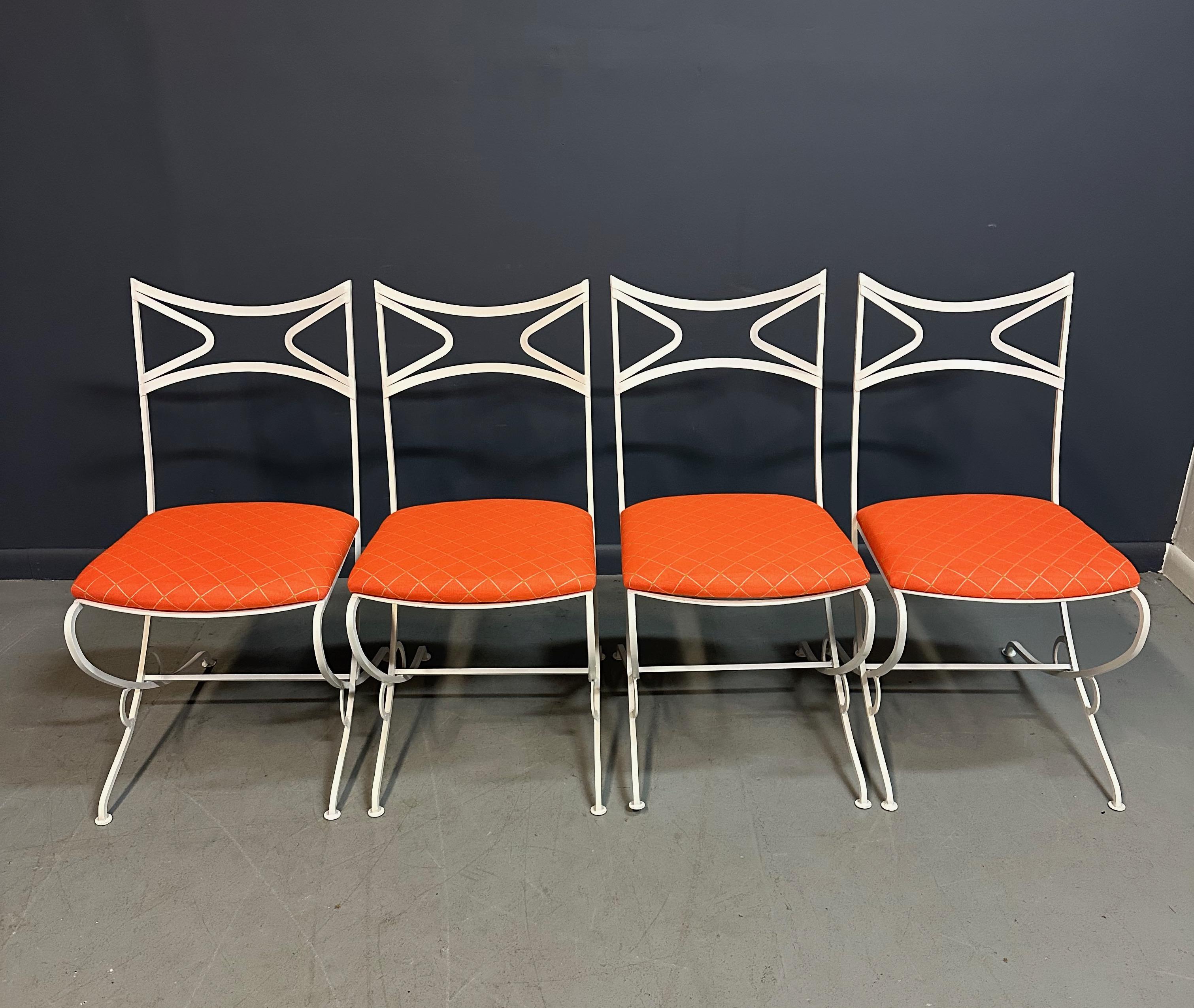 20th Century 1940s French Outdoor Set of Iron Six Upholstered Chairs and Table Mid Century For Sale
