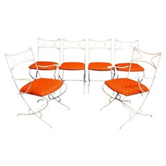 1940s French Outdoor Set of Iron Six Upholstered Chairs and Table Mid Century