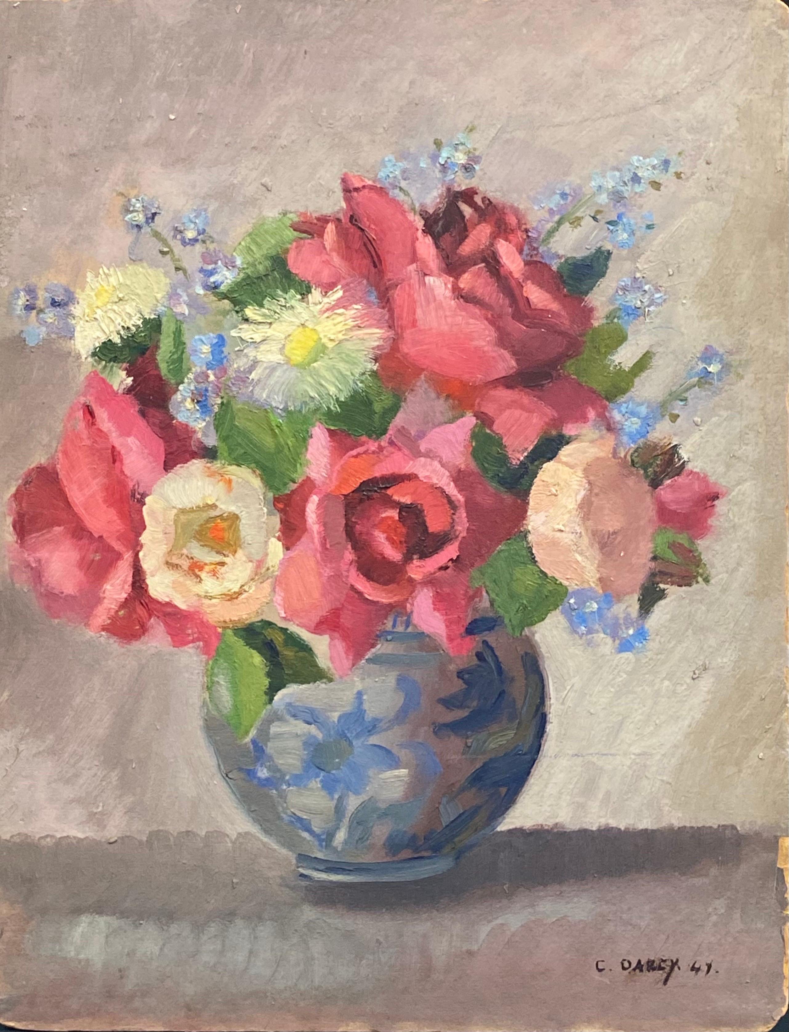 Interior Painting di 1940's French - Quadro floreale francese vintage degli anni '40 - Natura morta di rose in vaso, firmato