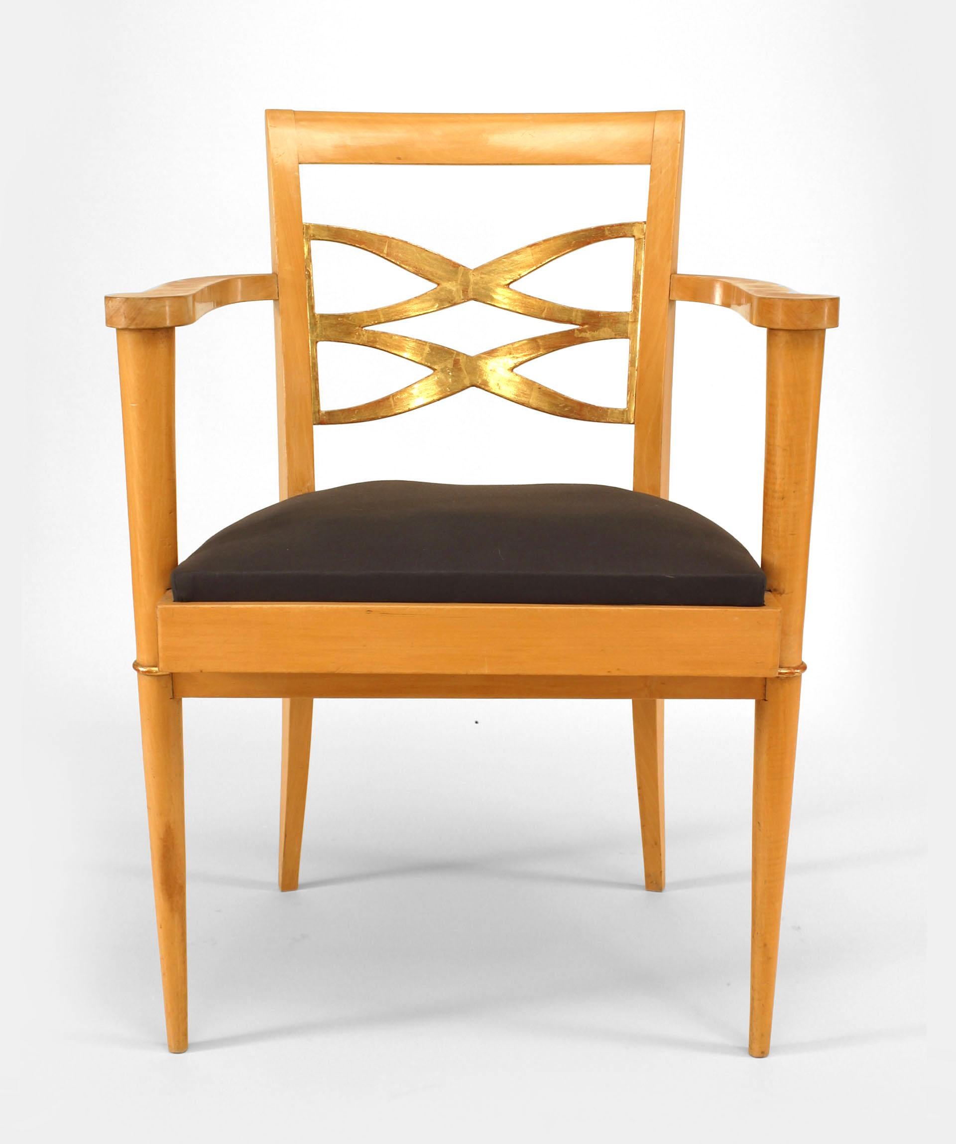 French 1940s sycamore arm chair with open design gilded back & trim and slip seat (att: BATISTIN SPADE)
