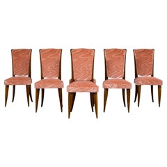 1940s French Parisian Art Deco Oak Dining Chairs in Blush Velvet - Set of 6