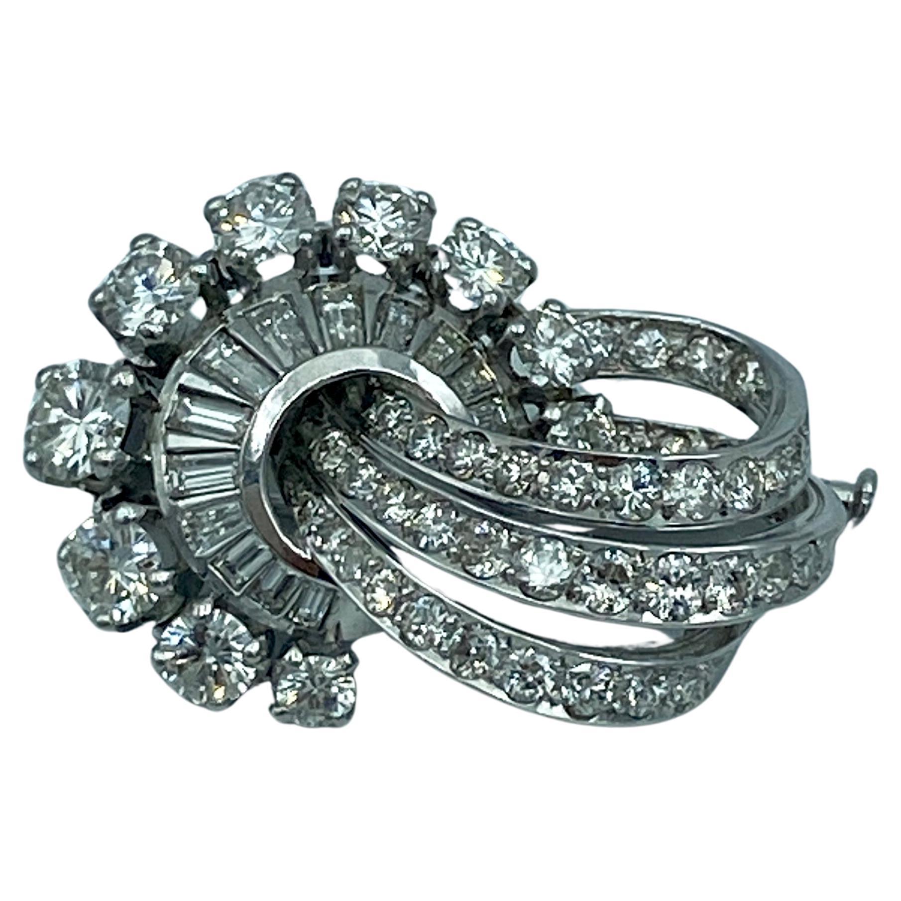 1940s French platinum and diamond swirl brooch For Sale