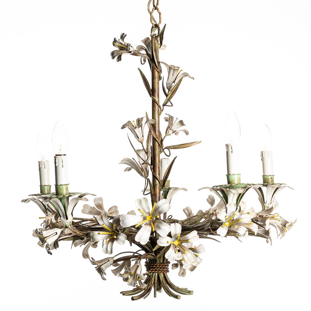 Polychromed 1940's French Polychrome Tole Flower Chandelier For Sale