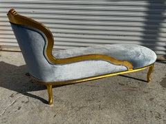 1940's French Provincial Giltwood Chaise Lounge in Velvet Fabric