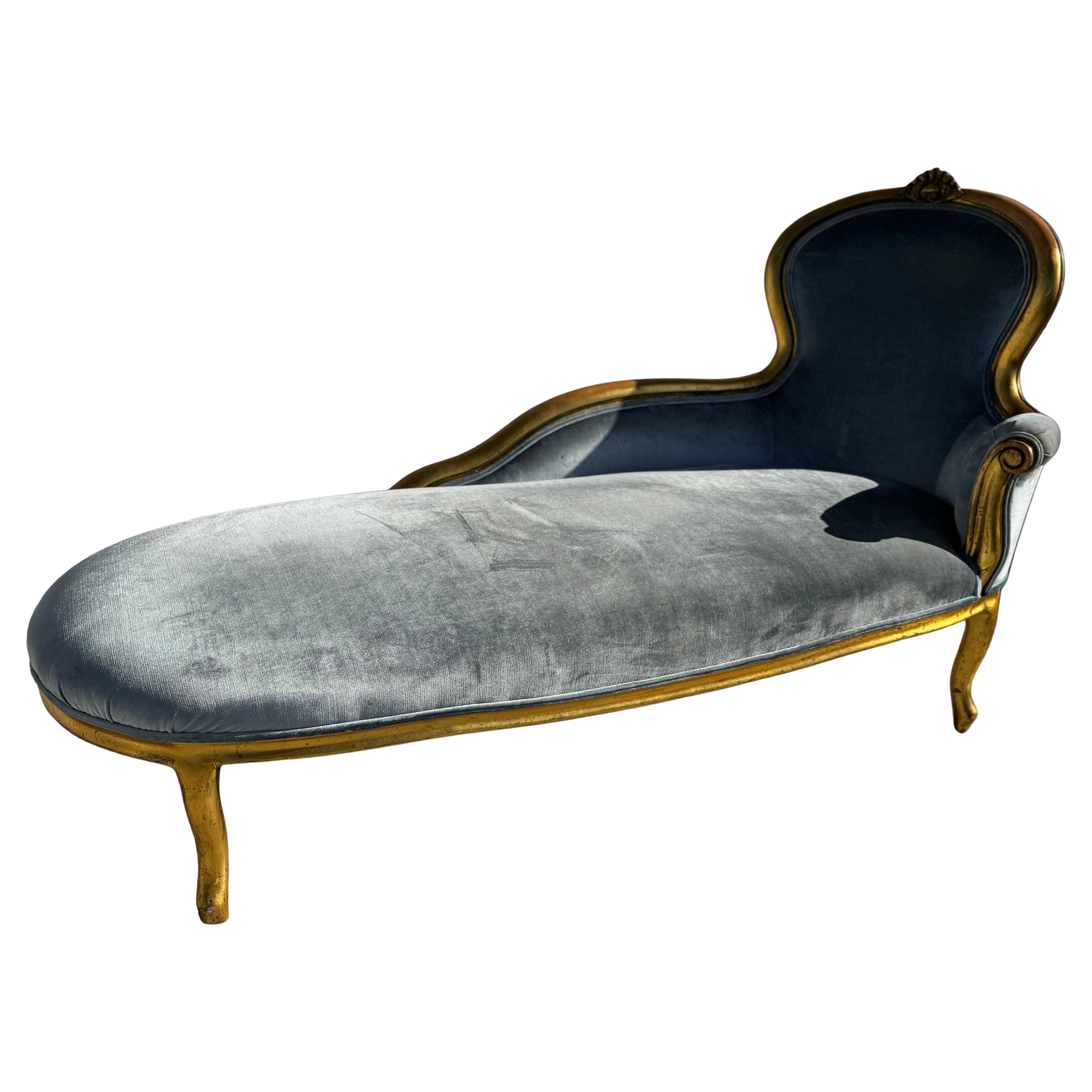 1940's French Provincial Giltwood Chaise Lounge in Velvet Fabric