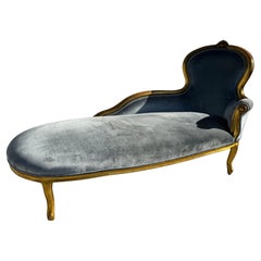 1940's French Provincial Giltwood Chaise Lounge in Velvet Fabric