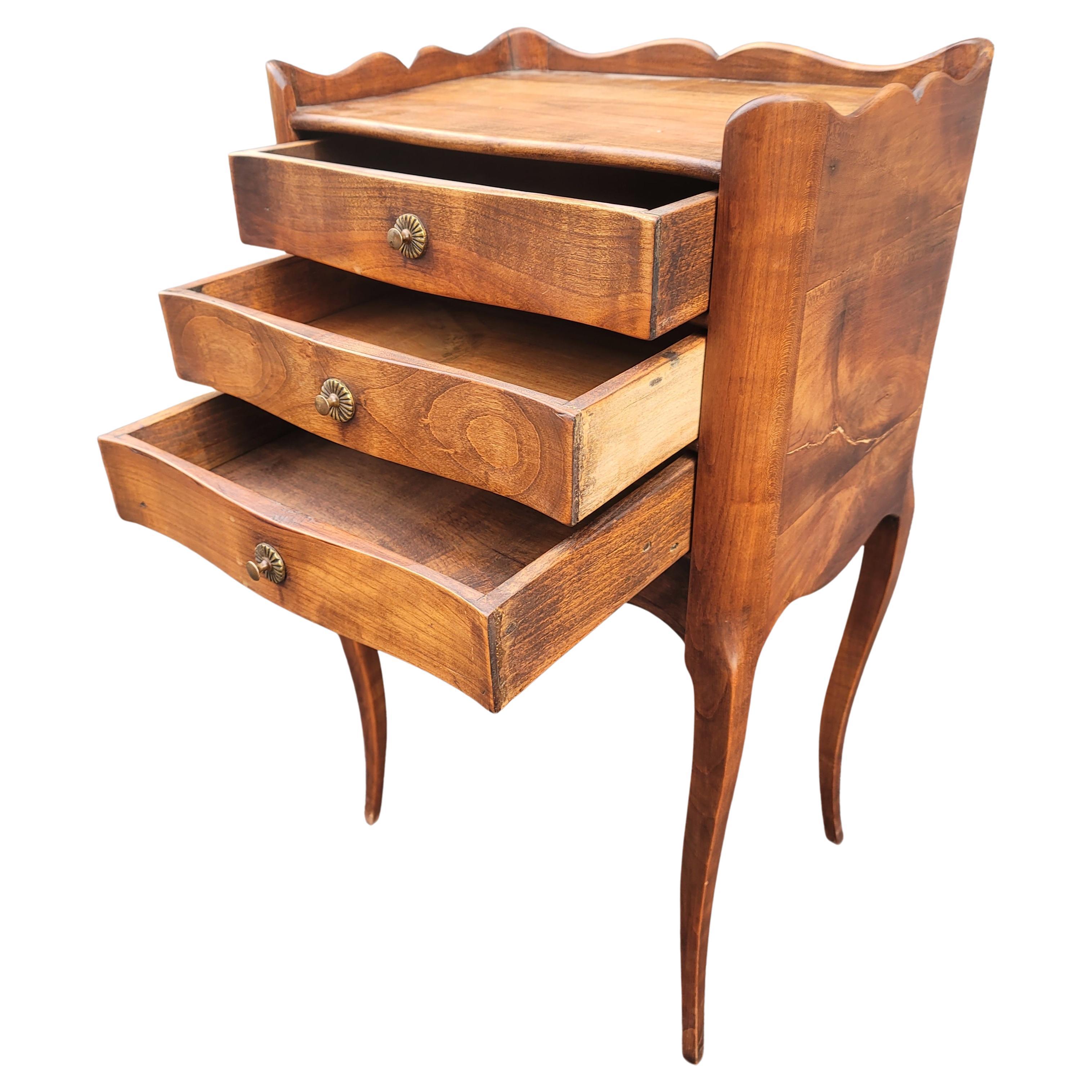 1940s French Refinished Walnut Three Drawer Bedside Table Nightstand For Sale 1