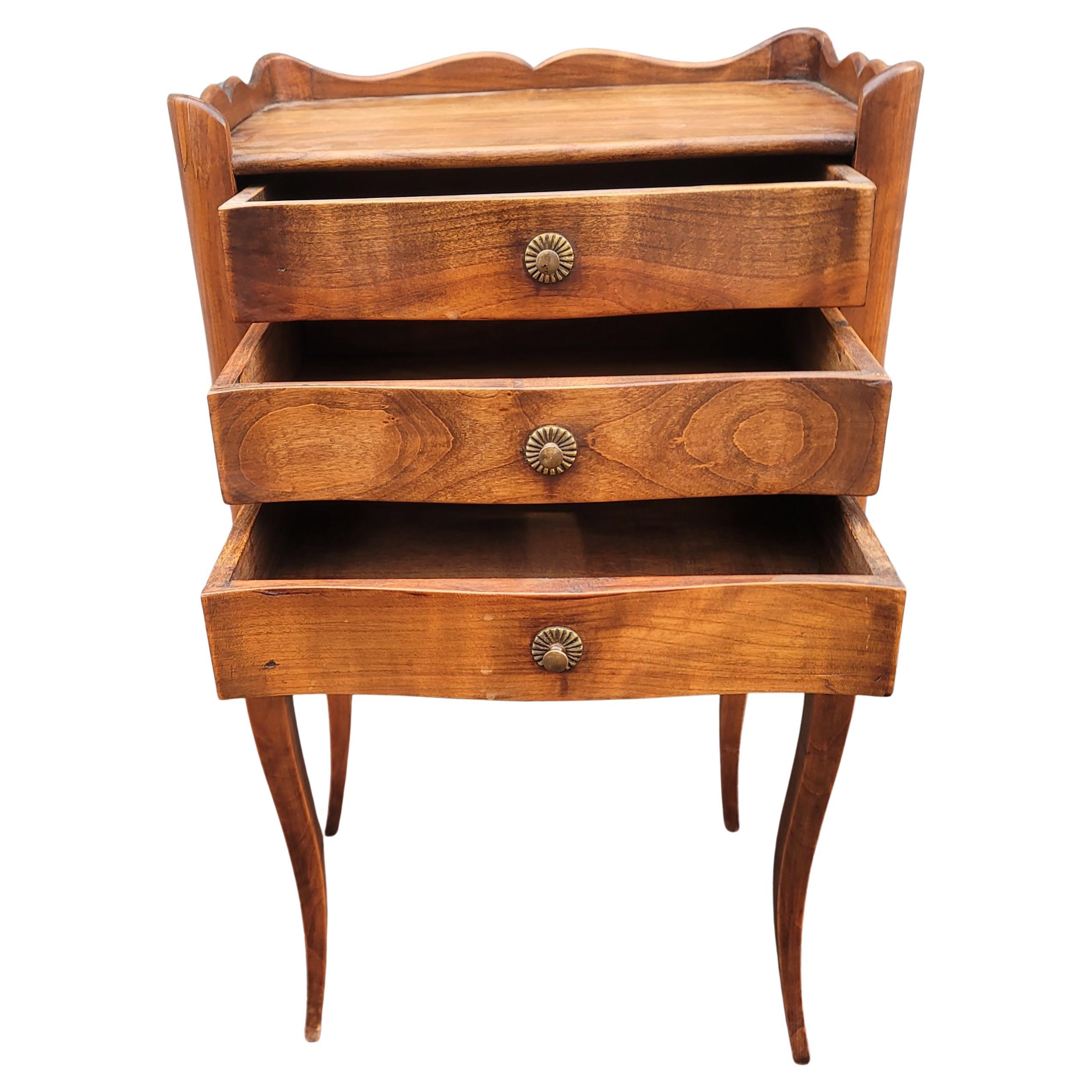 20th Century 1940s French Refinished Walnut Three Drawer Bedside Table Nightstand For Sale