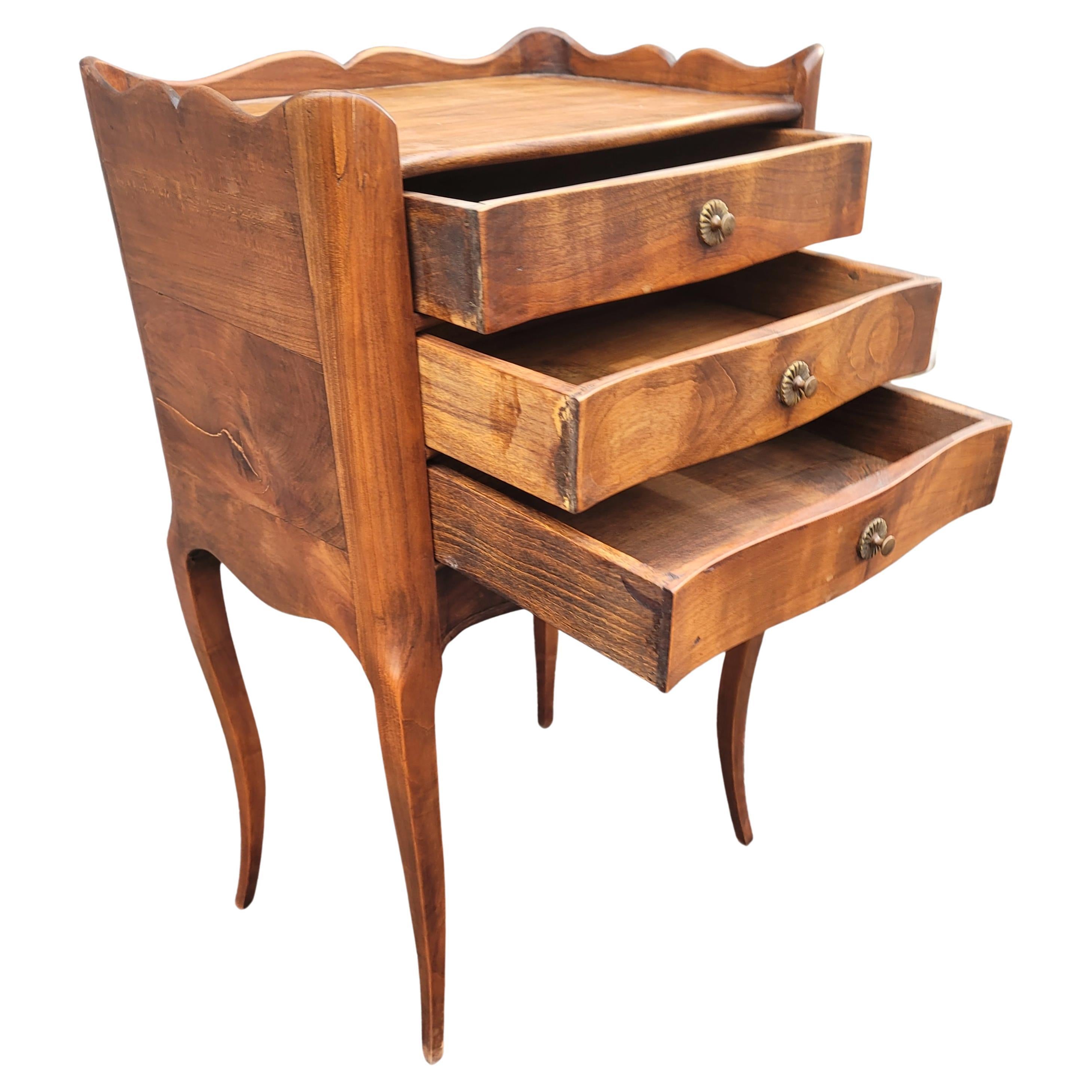 Brass 1940s French Refinished Walnut Three Drawer Bedside Table Nightstand For Sale