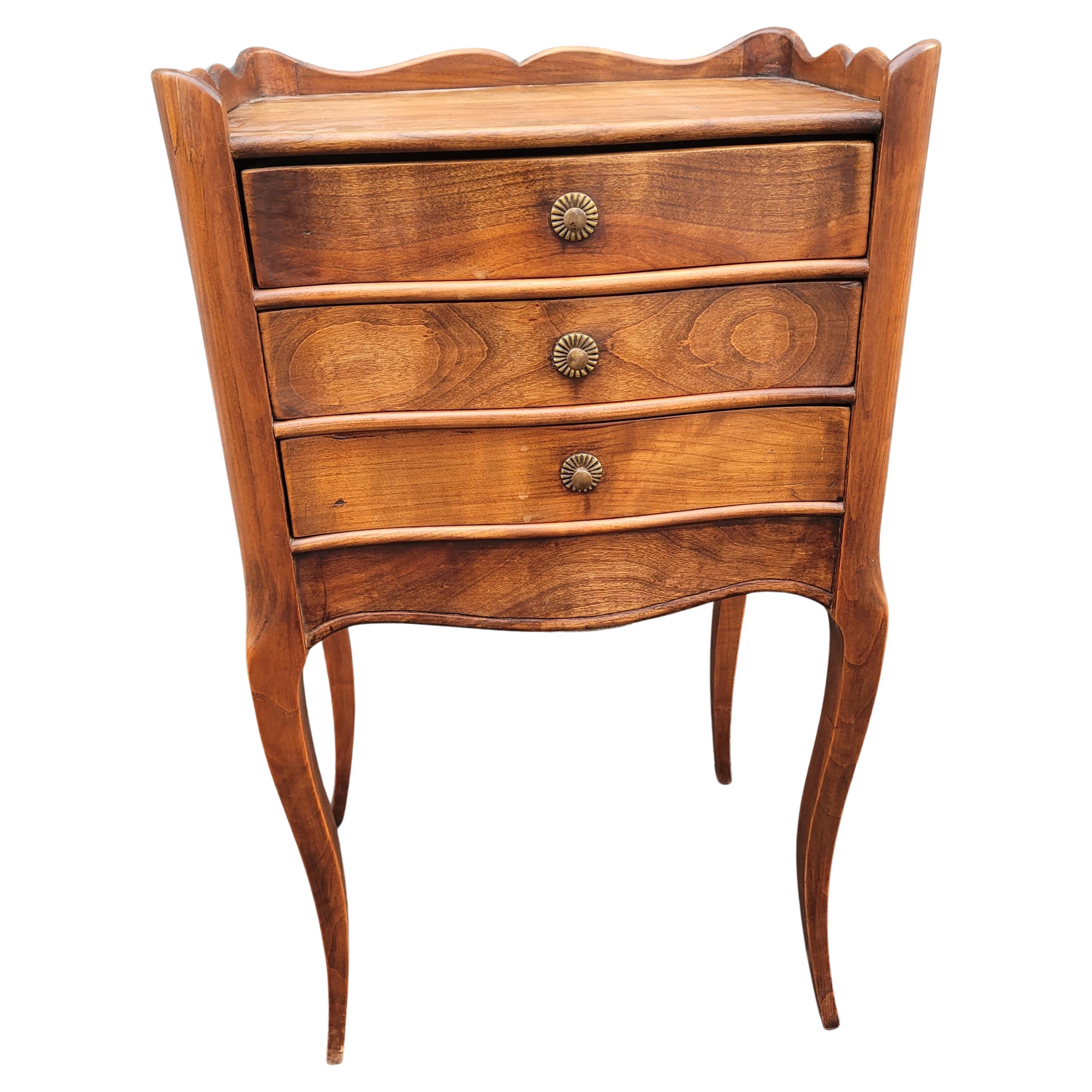 1940s French Refinished Walnut Three Drawer Bedside Table Nightstand