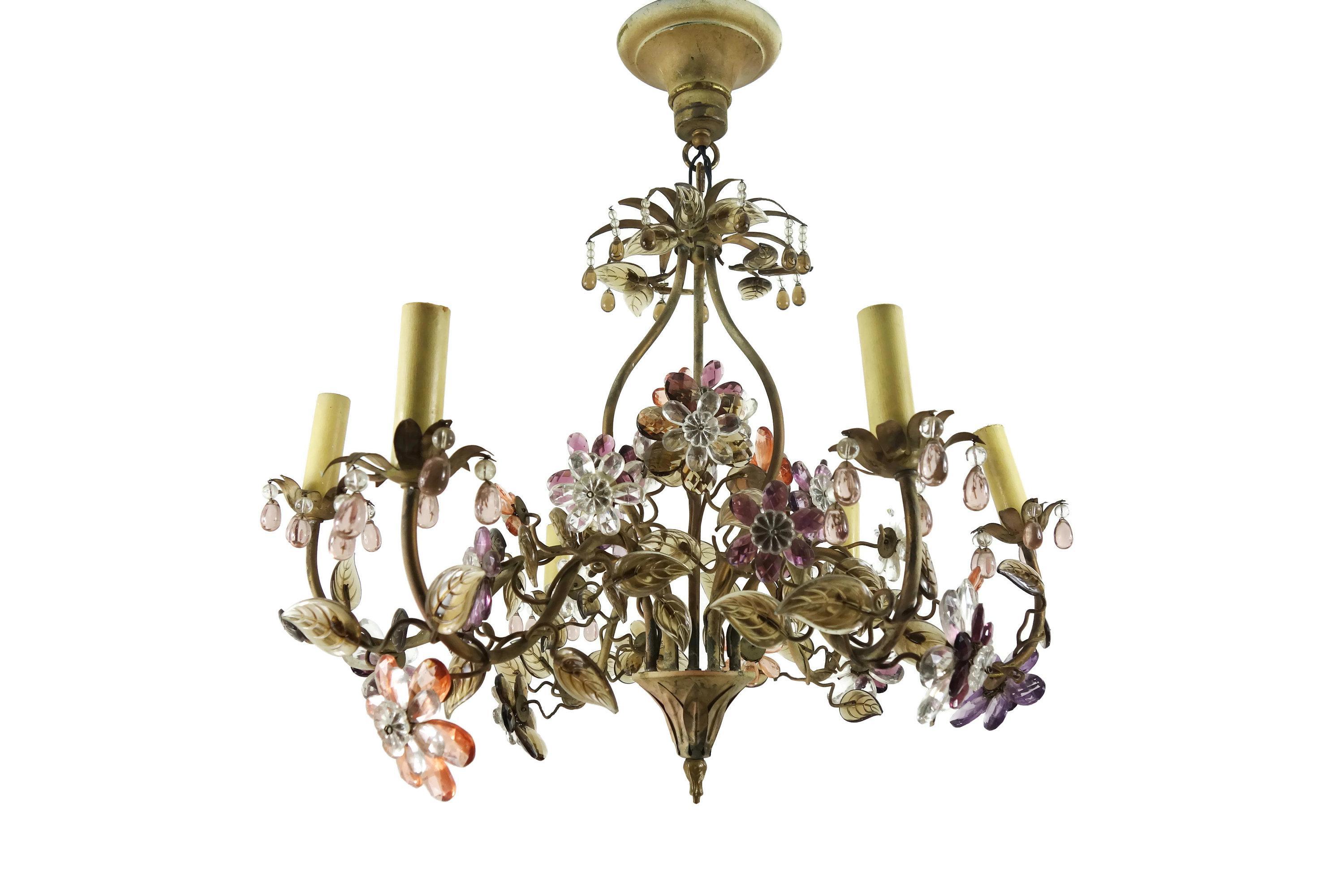 c1940s French Regency Colorful Crystal Flowers and Petals in Bronze Vase. This chandelier is attributed to Maison Bagues. It features quite an array of beautiful floral bouquet in bronze vase.