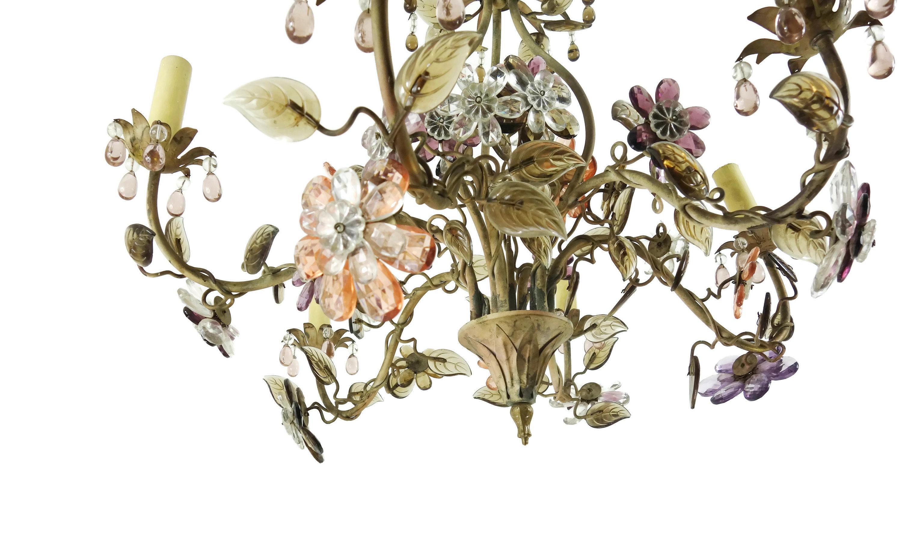 1940s French Regency Bouquet Colorful Crystal Flowers in Bronze Vase Chandelier In Good Condition For Sale In Opa Locka, FL
