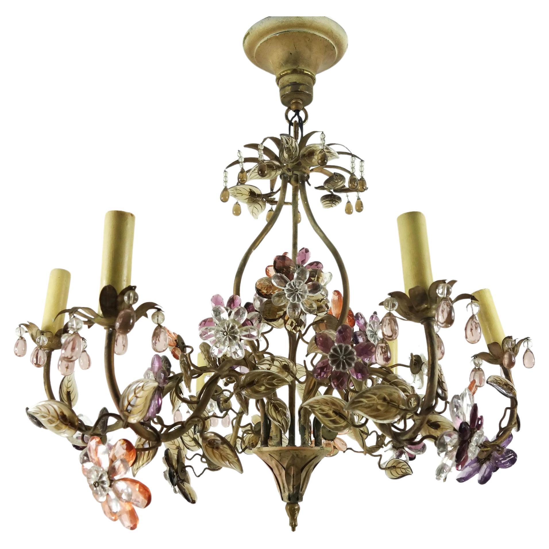 1940s French Regency Bouquet Colorful Crystal Flowers in Bronze Vase Chandelier For Sale