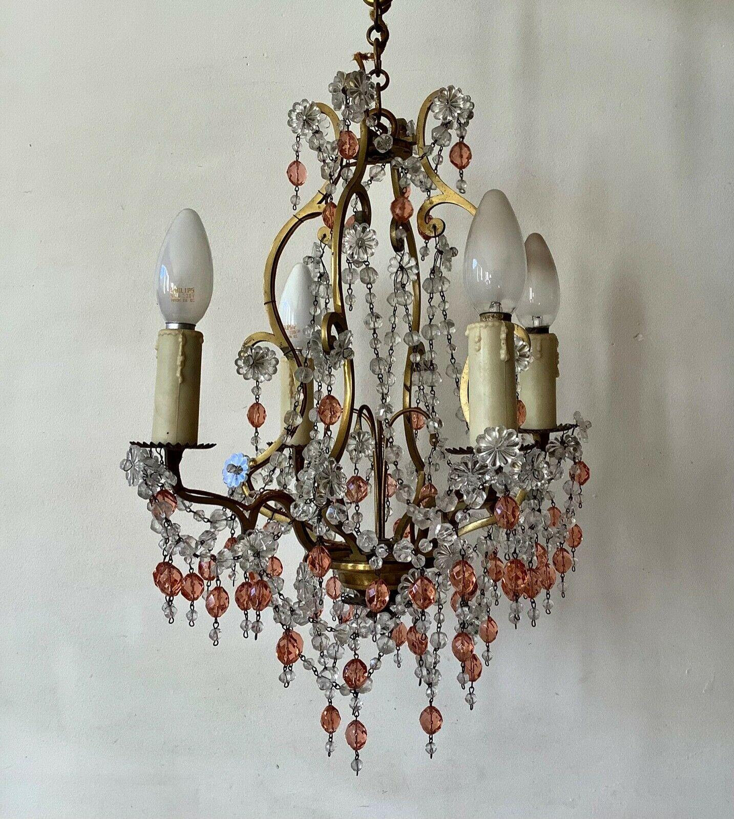 1940's French Regency Gilt Bronze w/ Clear&Pink Crystal Chandelier Attrib Bagues For Sale 5