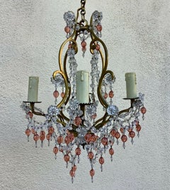 1940's French Regency Gilt Bronze w/ Clear&Pink Crystal Chandelier Attrib Bagues