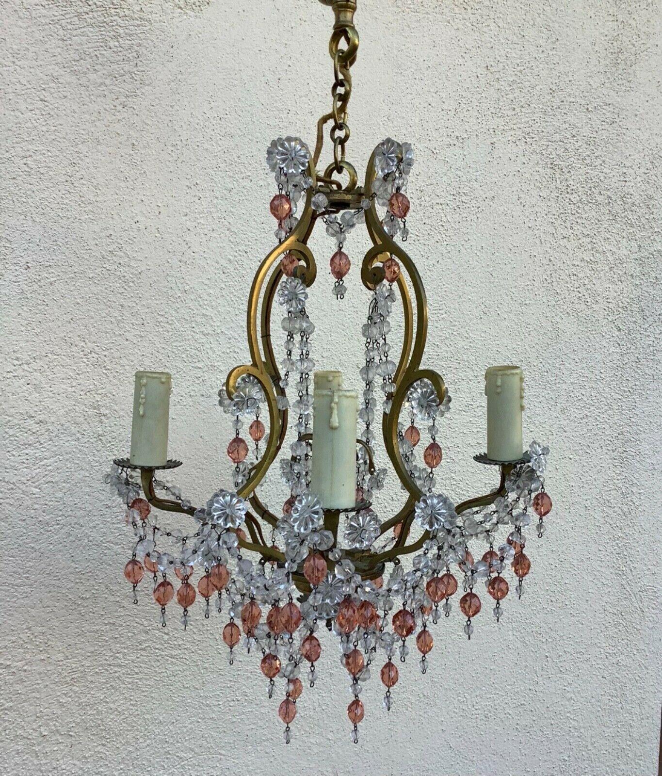 1940's French Regency Gilt Bronze w/ Clear&Pink Crystal Chandelier Attrib Bagues For Sale 2