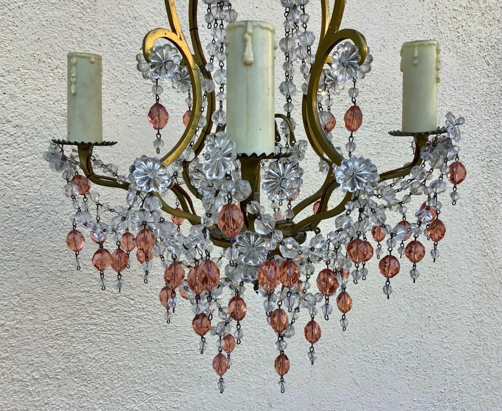 1940's French Regency Gilt Bronze w/ Clear&Pink Crystal Chandelier Attrib Bagues For Sale 3