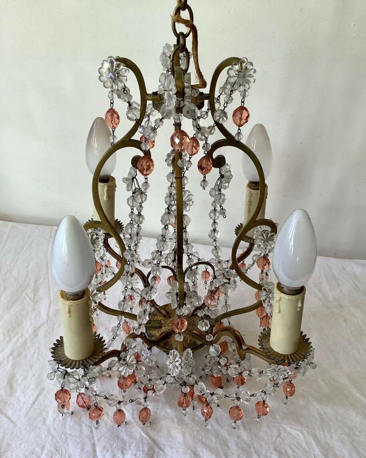 1940's French Regency Gilt Bronze w/ Clear&Pink Crystal Chandelier Attrib Bagues For Sale 4