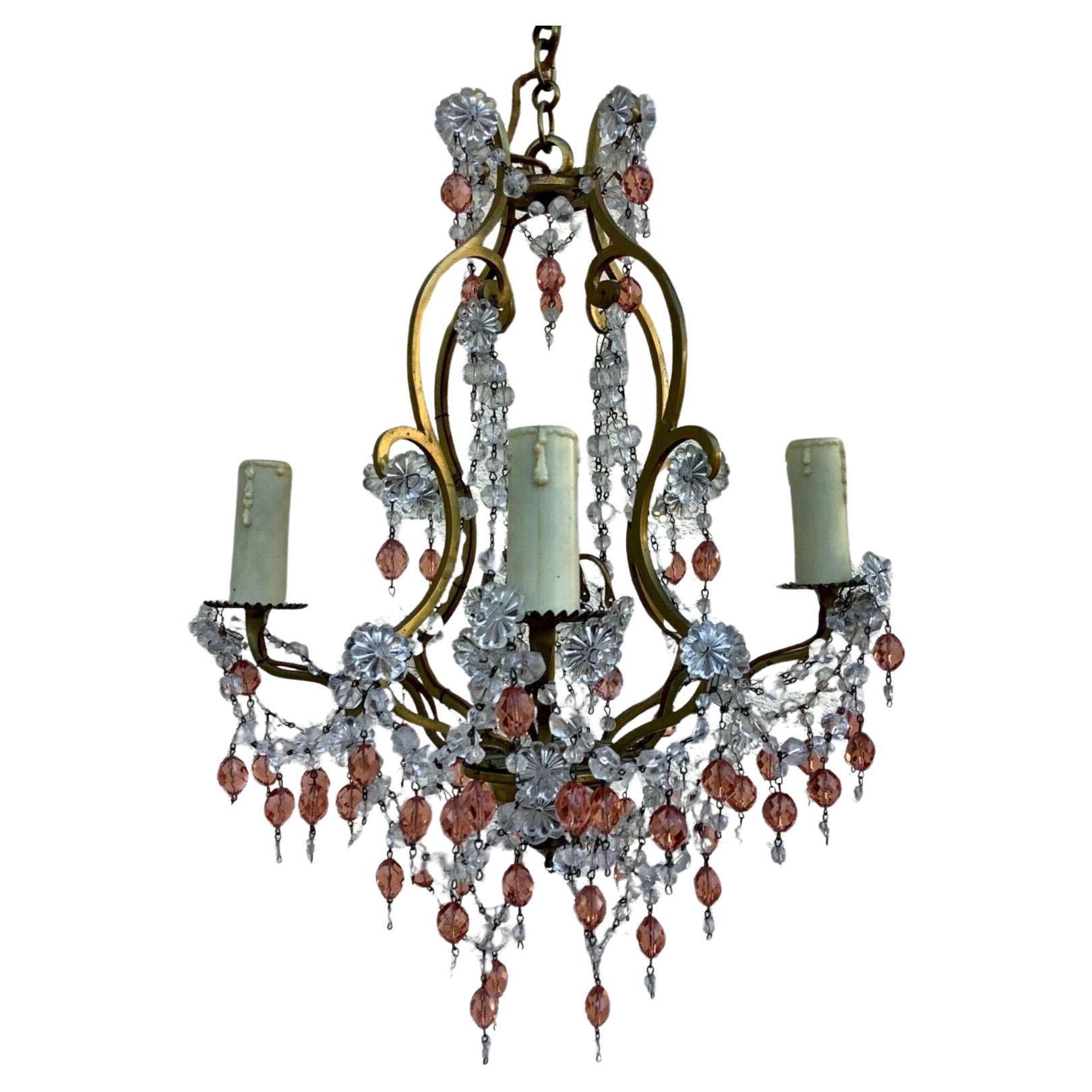 1940's French Regency Gilt Bronze w/ Clear&Pink Crystal Chandelier Attrib Bagues For Sale