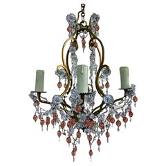 1940's French Regency Gilt Bronze w/ Clear&Pink Crystal Chandelier Attrib Bagues