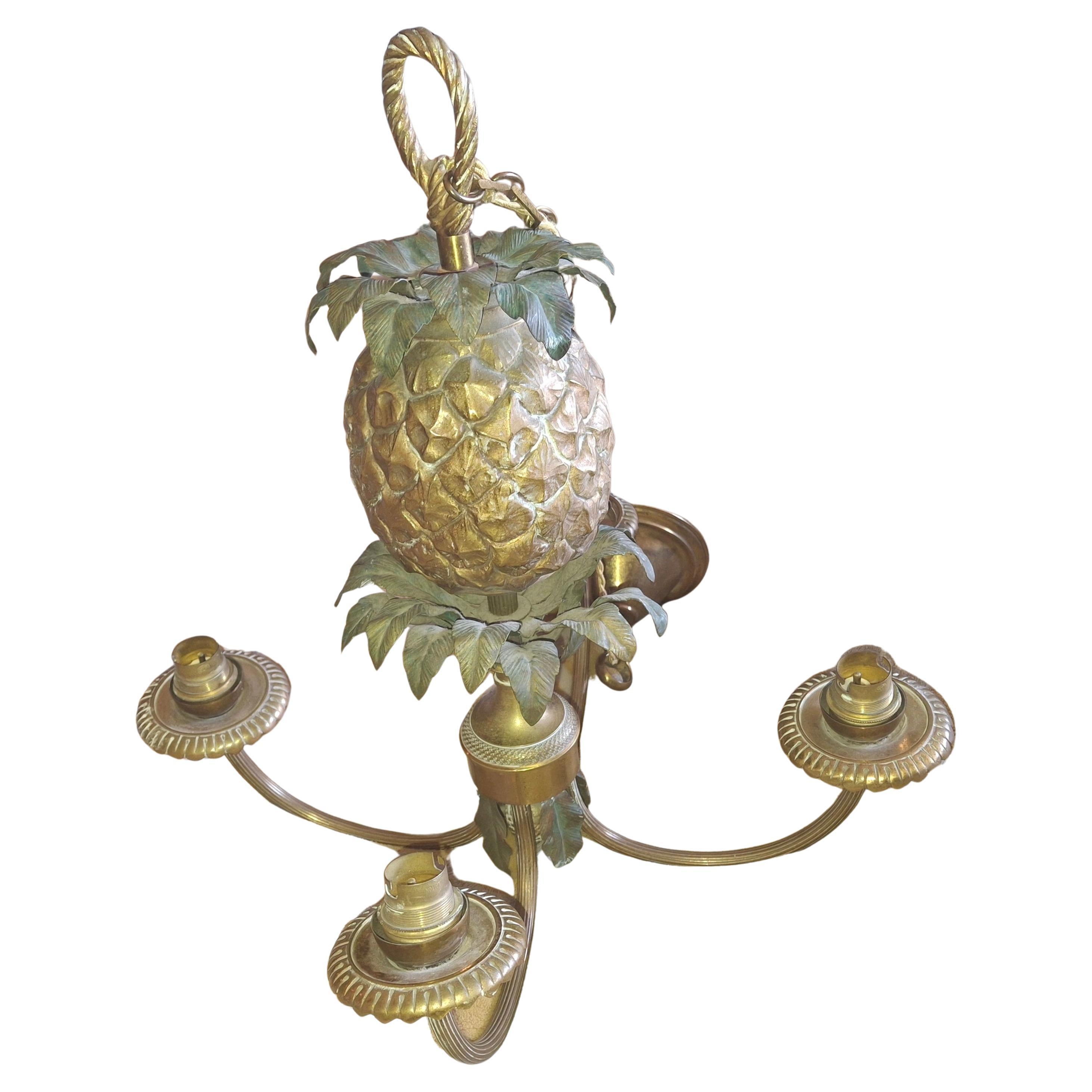 1940's French Regency Gilt& Patinated Bronze Pineapple Chandelier Maison Charles