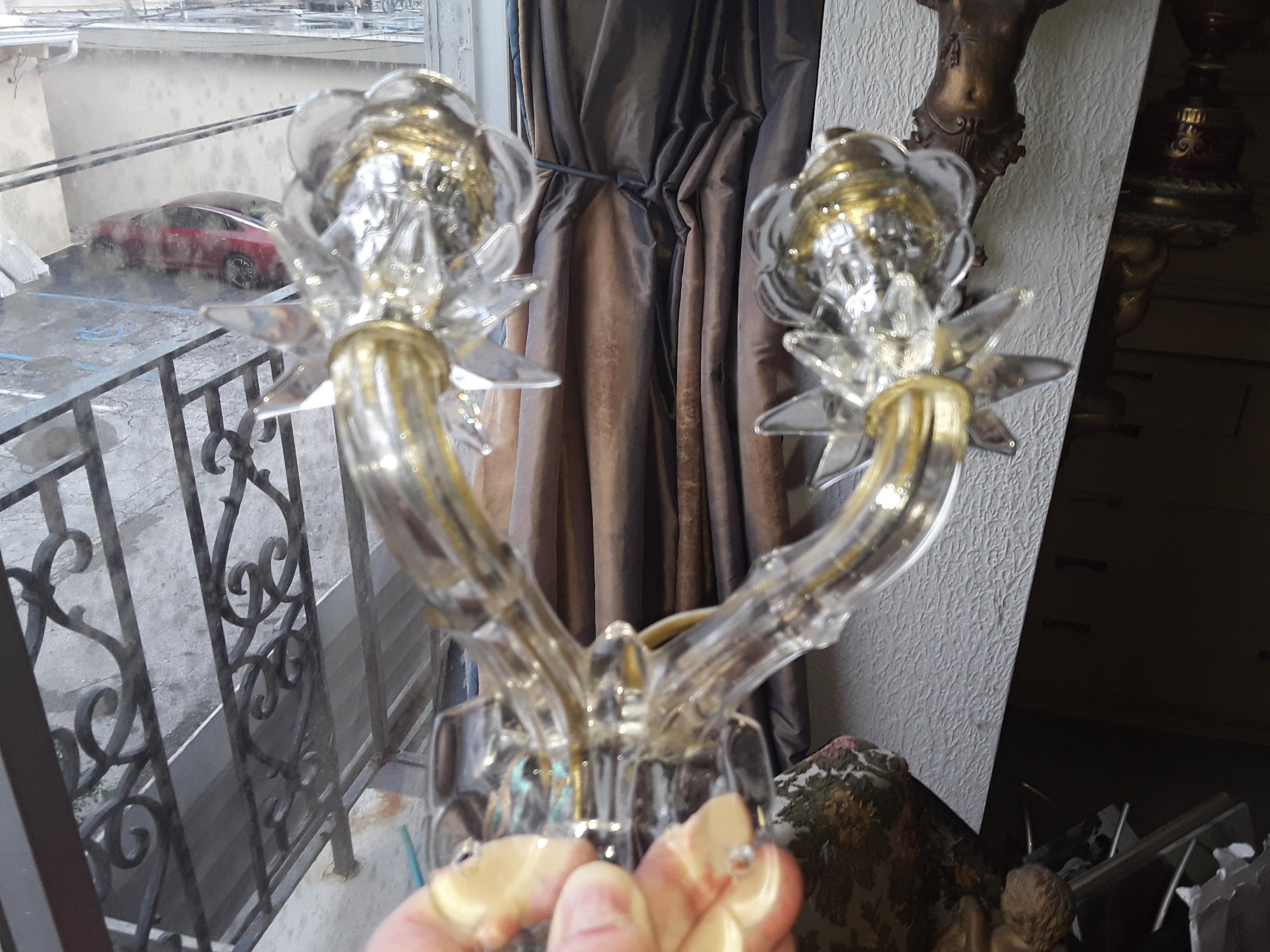 1940's Unusual French Regency Crystal/ Art Glass Wall Sconce. Star and floral detail. Back plates, all original and high end French piece of sconce lamp lighting. Ready to have your electrician mount to the wall.