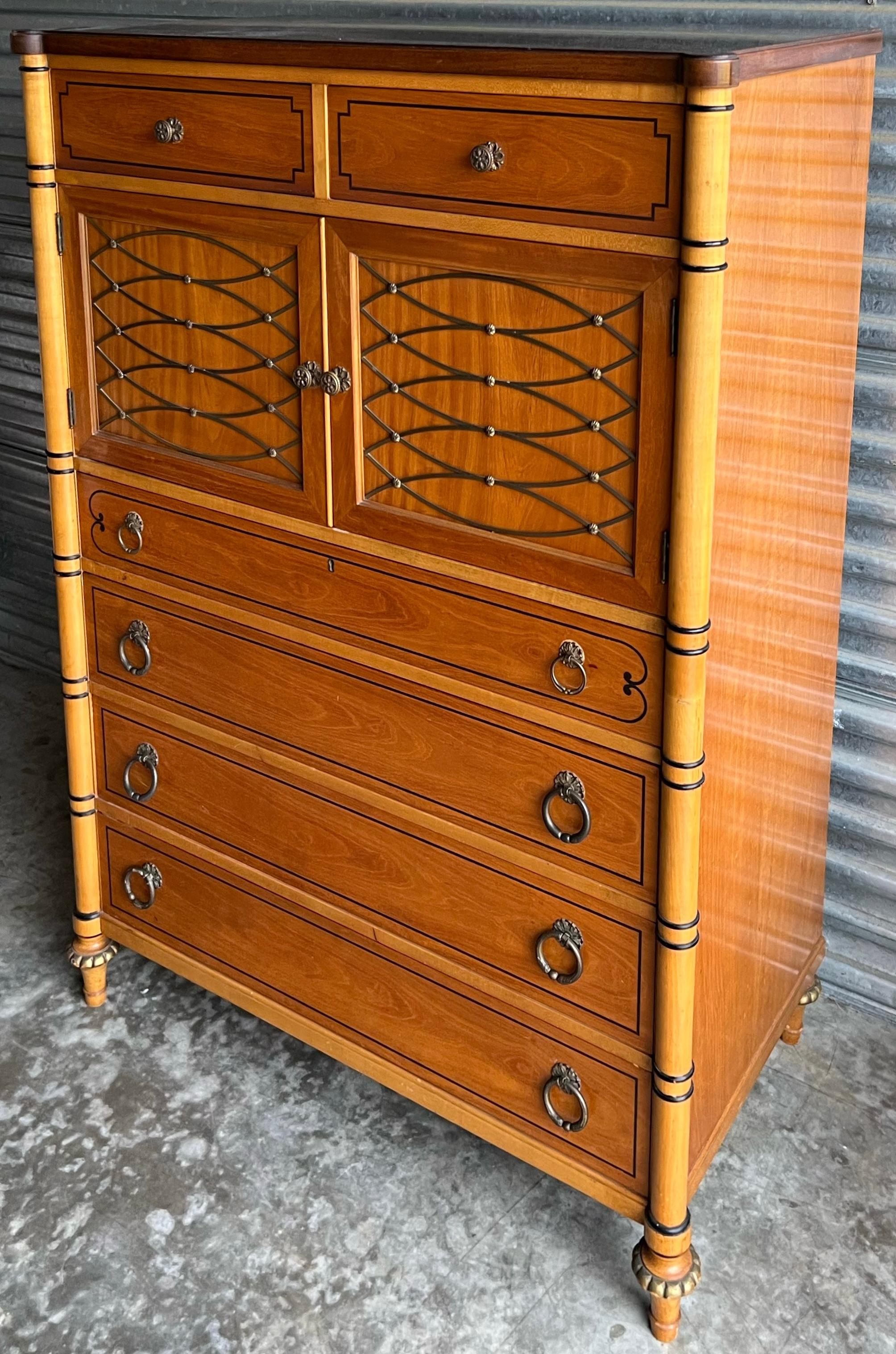 Hollywood Regency 1940s French Regency Style Faux Bamboo Inspired Tall Maple Chest of Drawers For Sale