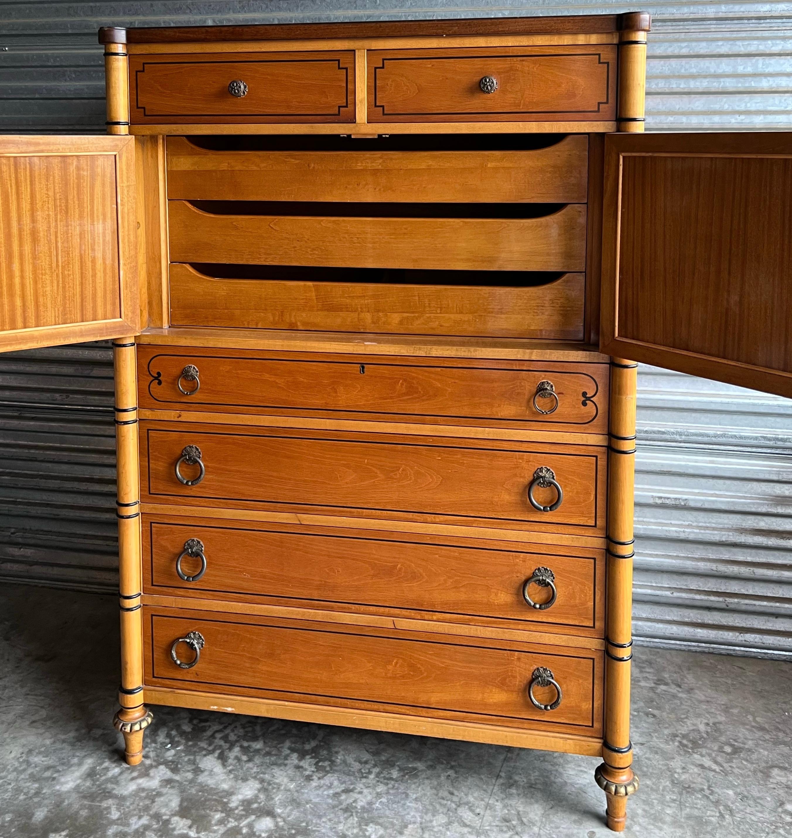1940s French Regency Style Faux Bamboo Inspired Tall Maple Chest of Drawers In Good Condition For Sale In Kennesaw, GA