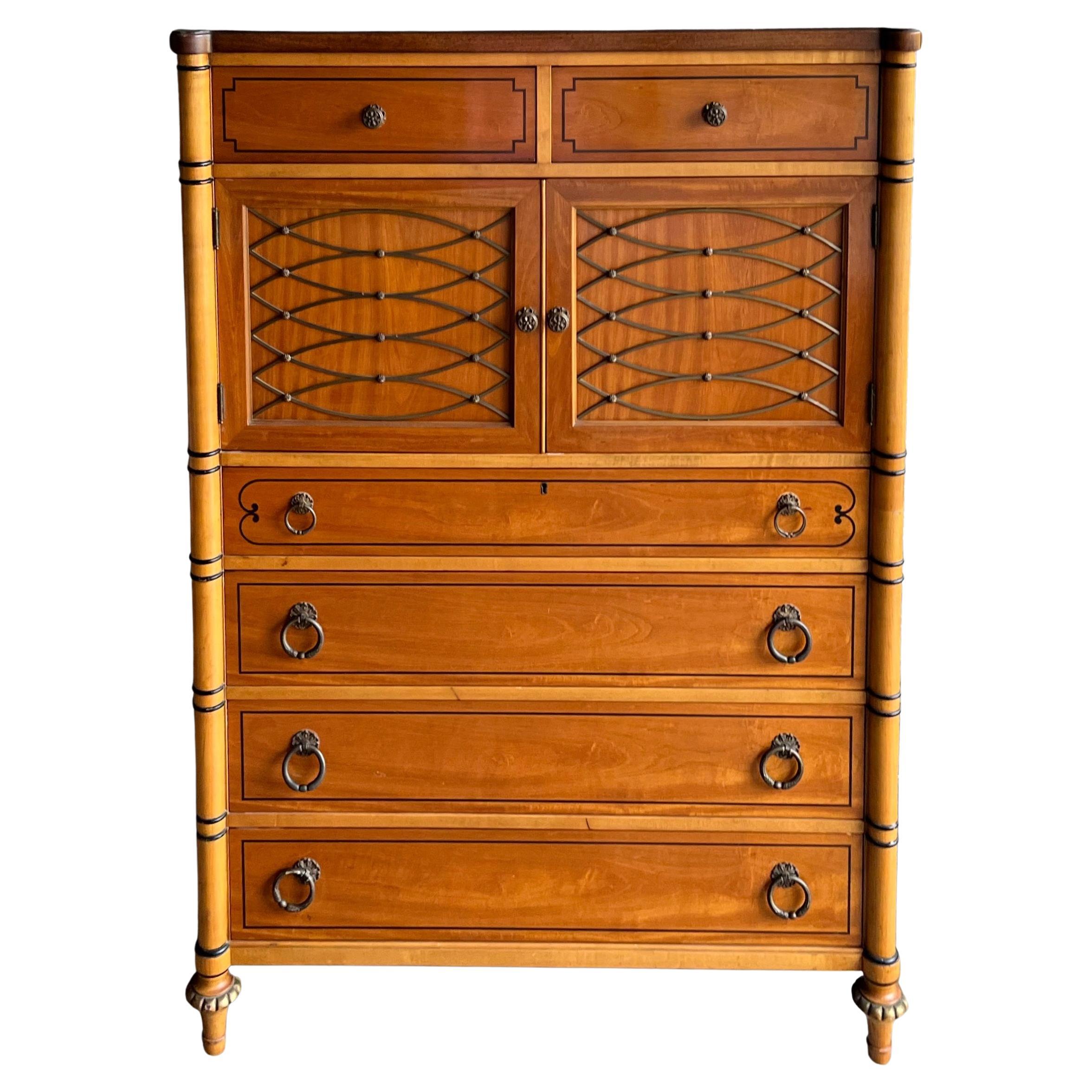 1940s French Regency Style Faux Bamboo Inspired Tall Maple Chest of Drawers