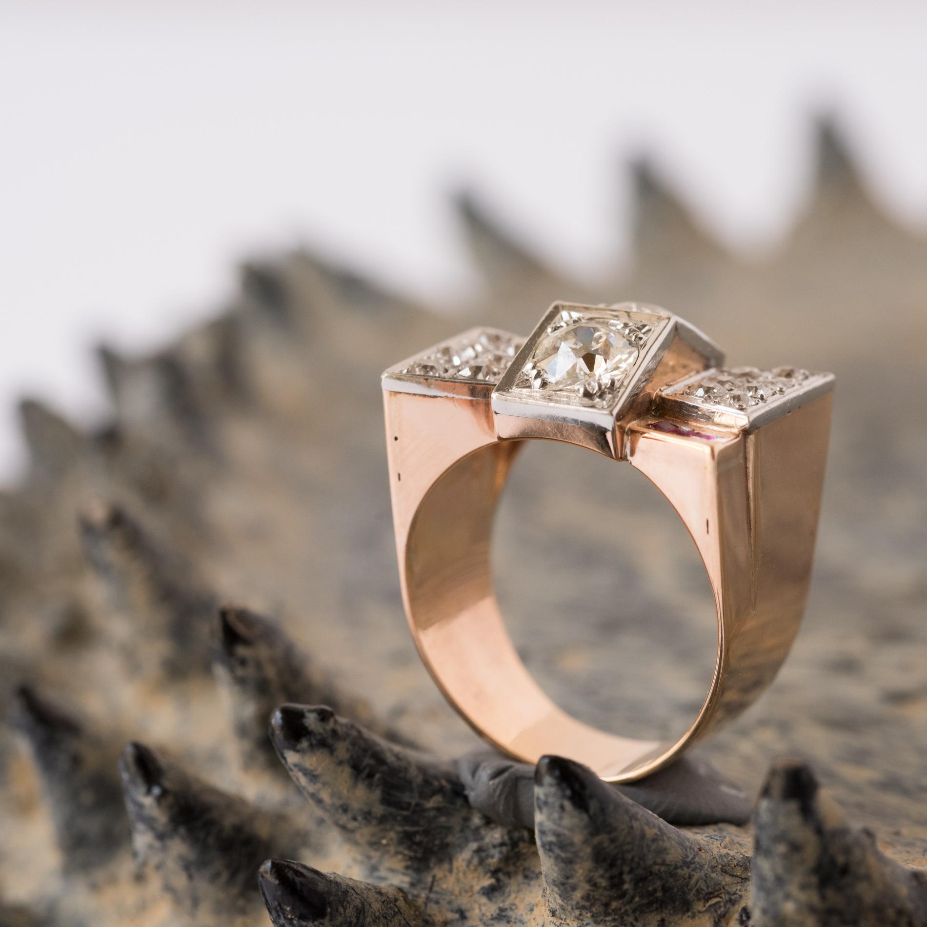 Women's 1940s French Retro 2.10 Carat Diamond Rose Gold Tank Ring