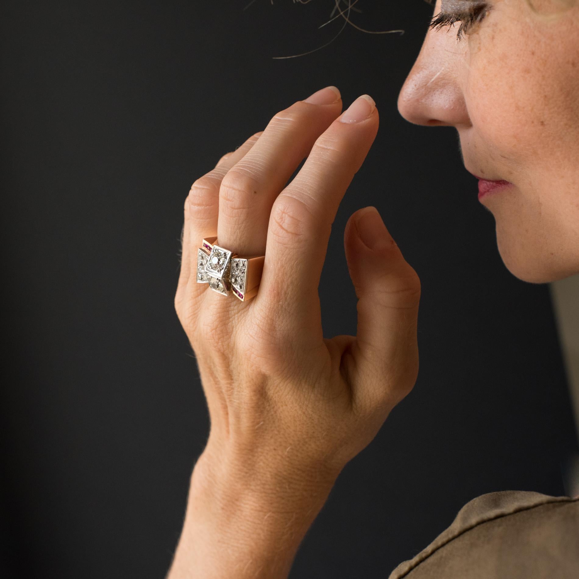 1940s French Retro 2.10 Carat Diamond Rose Gold Tank Ring 3