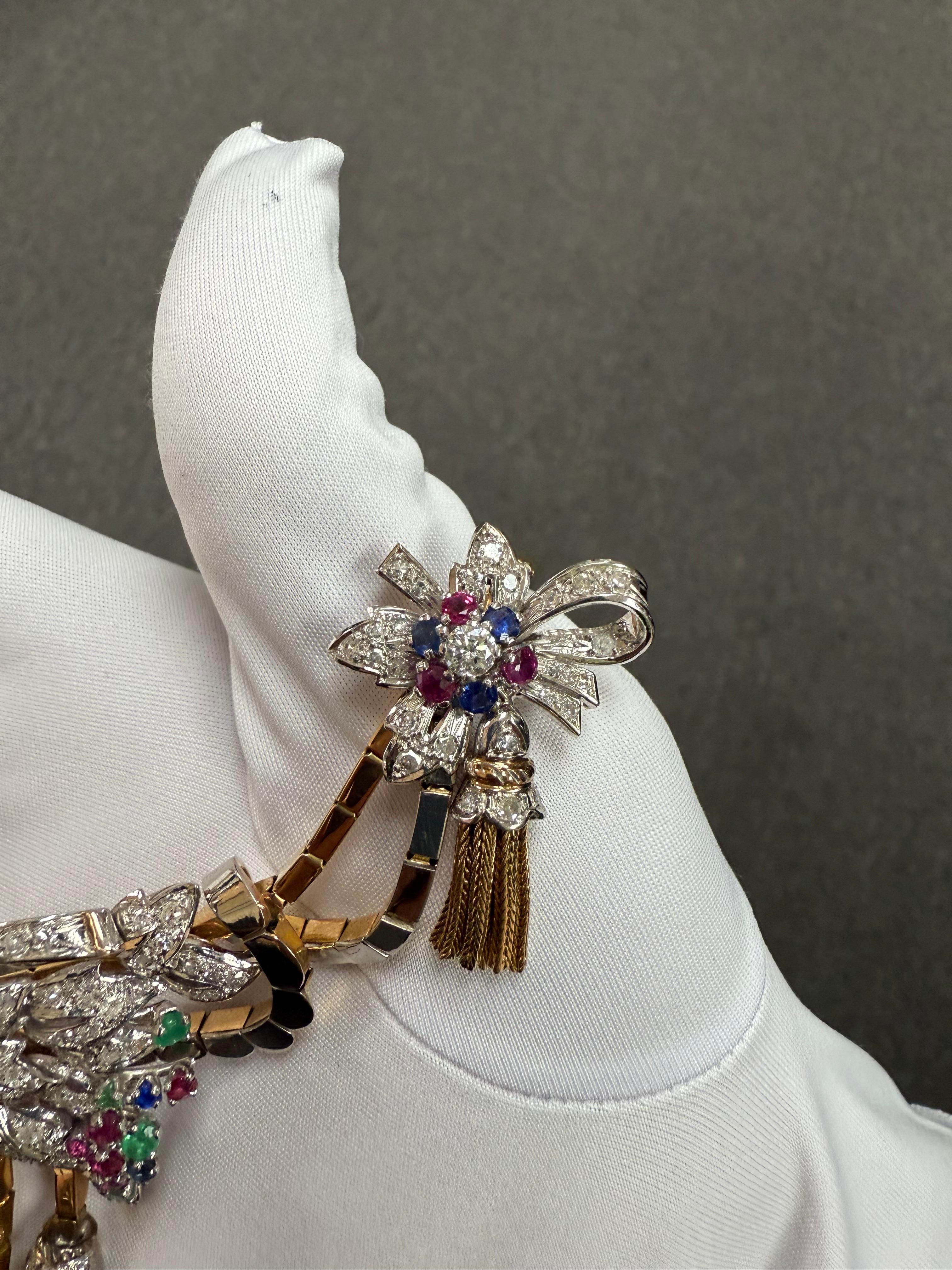 1940er Jahre Französisch Retro Diamant Smaragd Rubin Saphir 18k Platin Halskette im Angebot 6