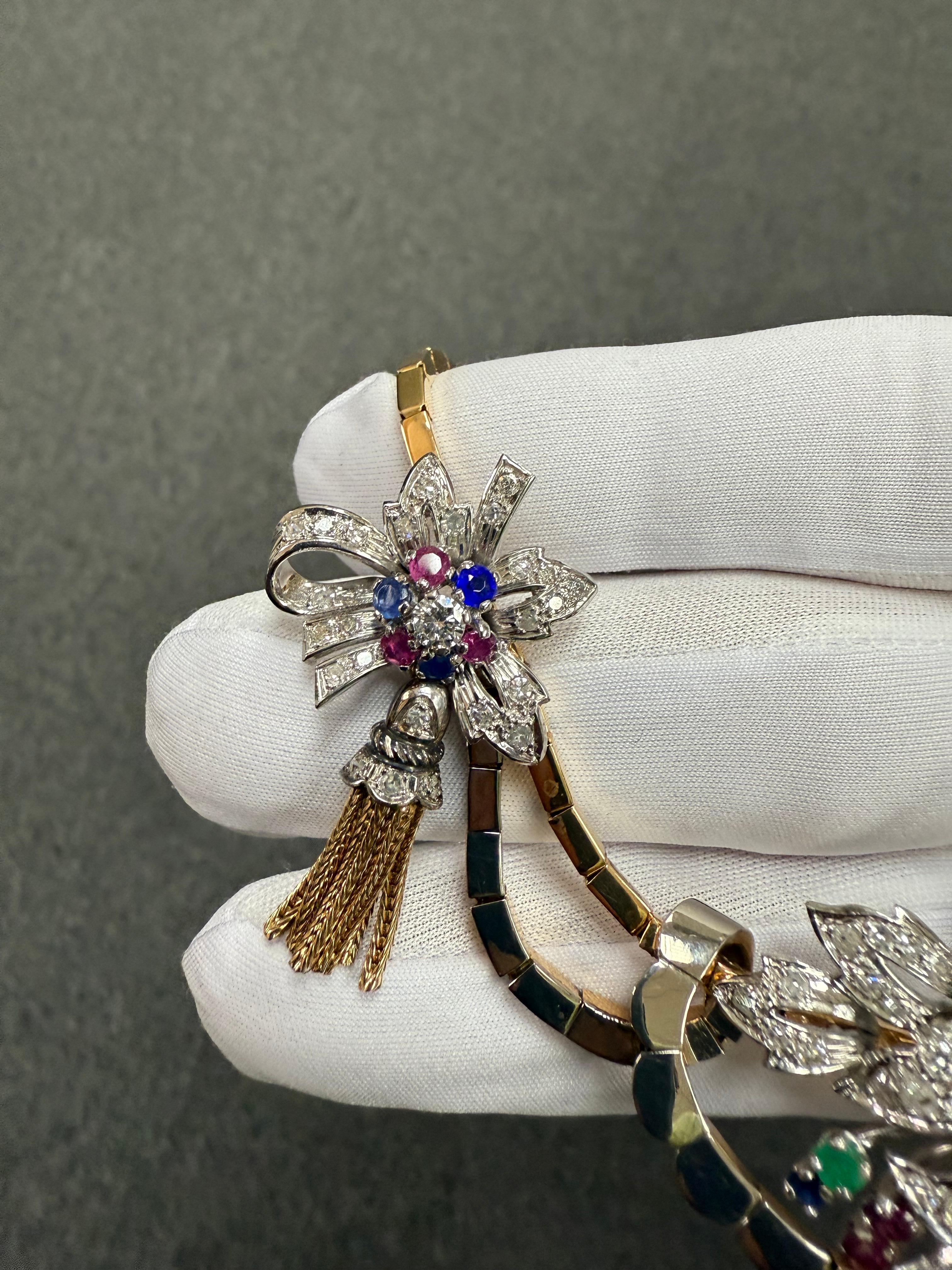 1940er Jahre Französisch Retro Diamant Smaragd Rubin Saphir 18k Platin Halskette im Angebot 7