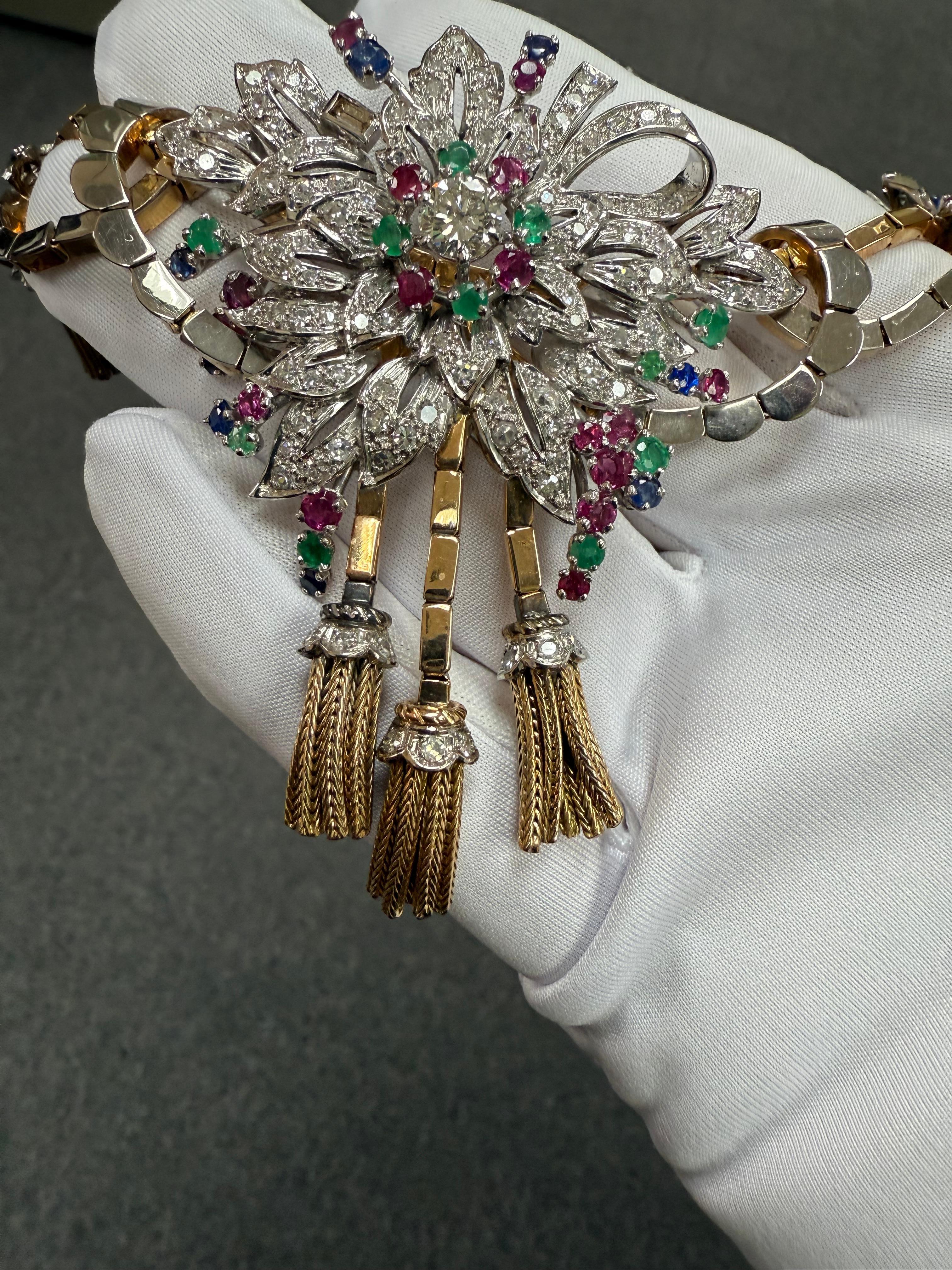 1940er Jahre Französisch Retro Diamant Smaragd Rubin Saphir 18k Platin Halskette im Angebot 9