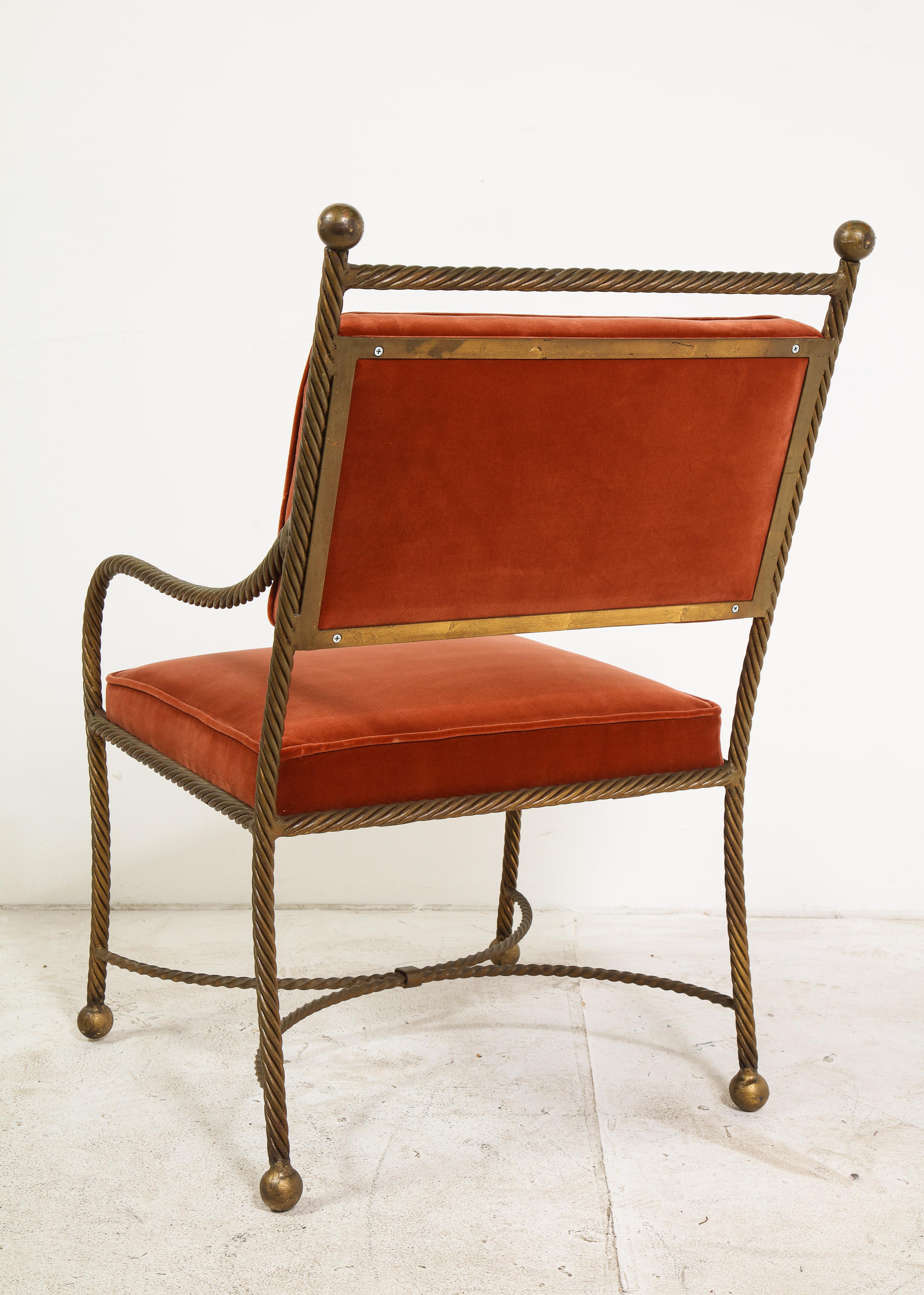 1940s French Roped Brass Armchair, Newly Upholstered in Rose Velvet 7