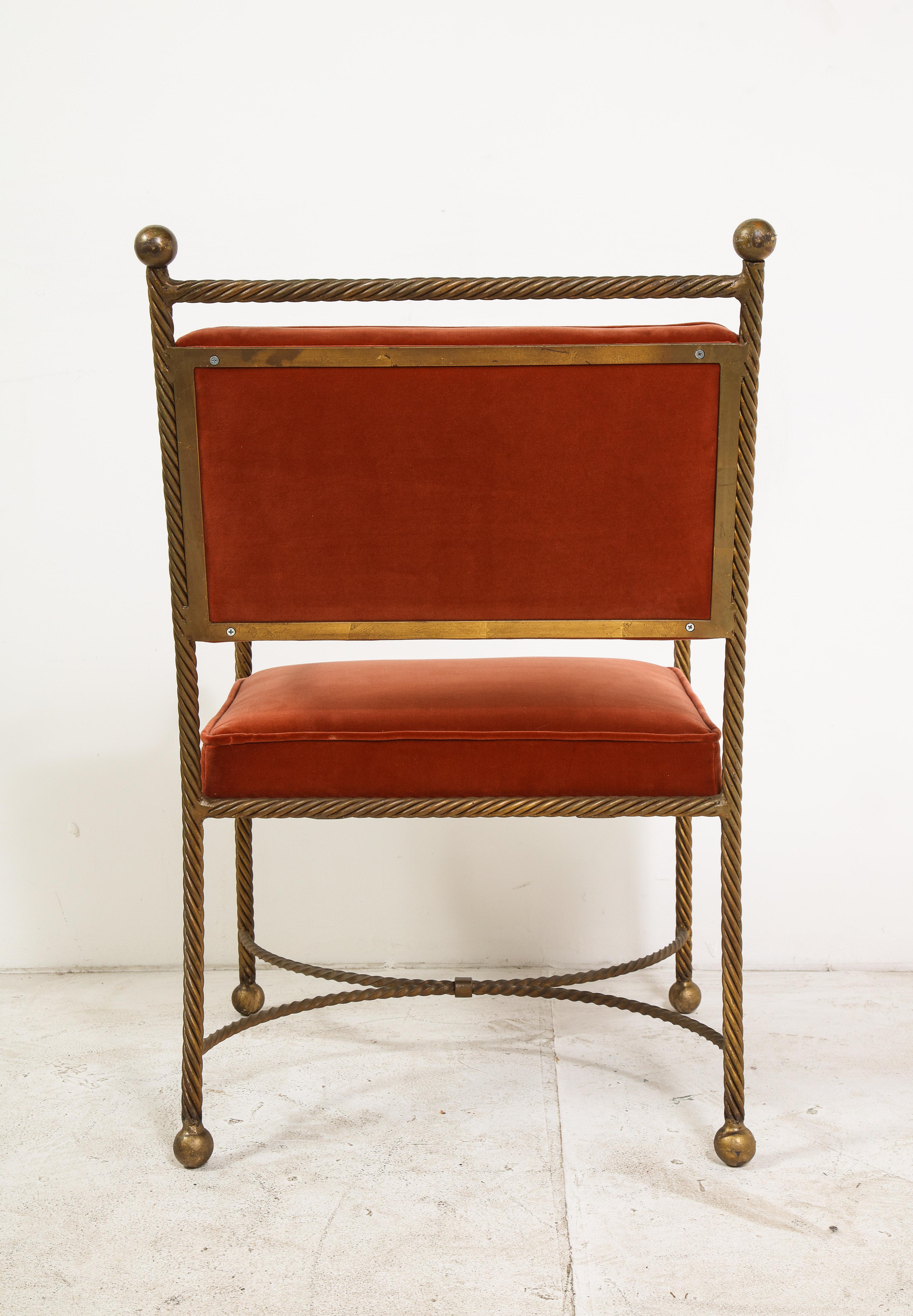 1940s French brass armchair with rope detail and ball feet. Rose velvet upholstery on back and seat is brand new, done in spring 2019, never used. 

Arm height: 22