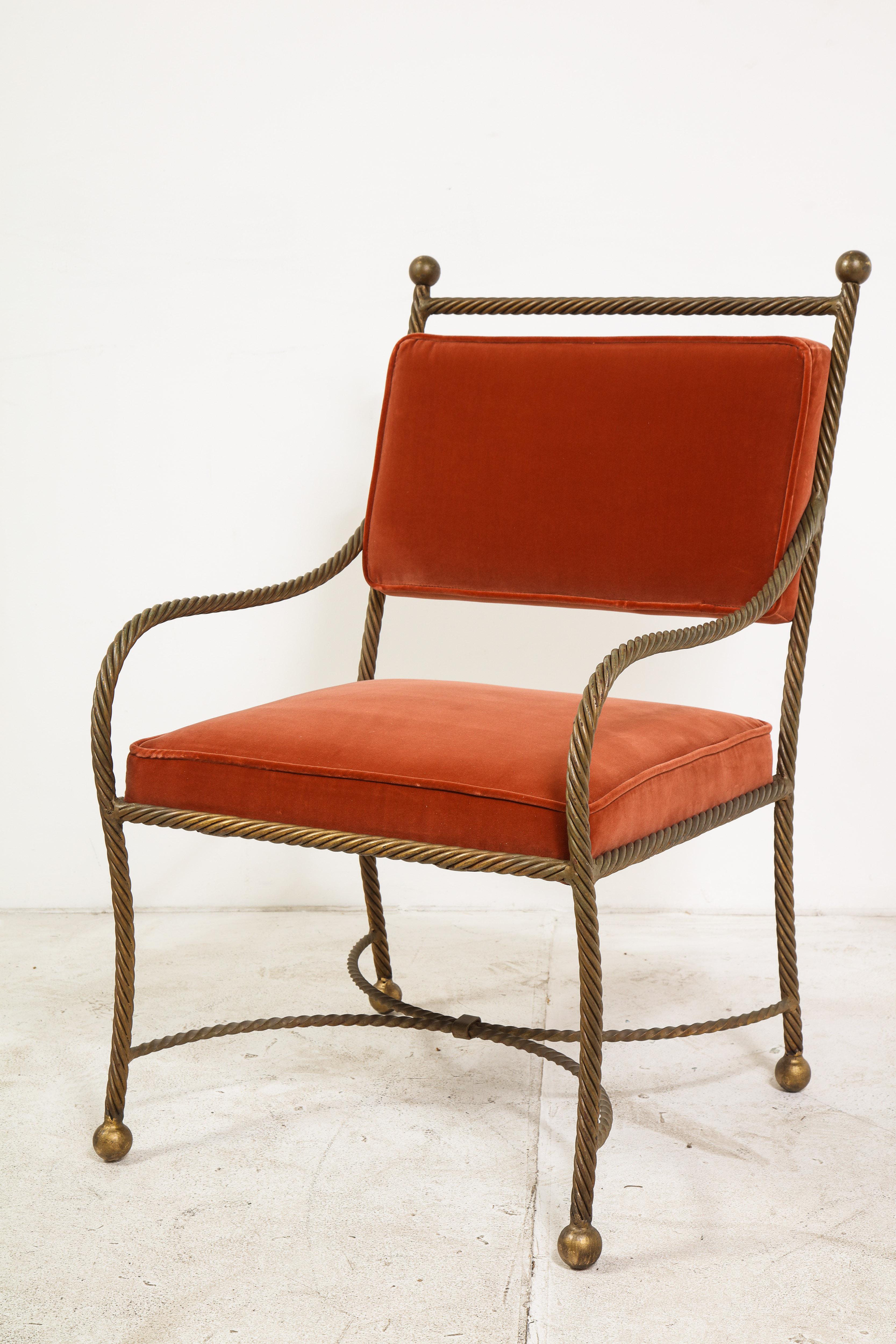 1940s French Roped Brass Armchair, Newly Upholstered in Rose Velvet 1