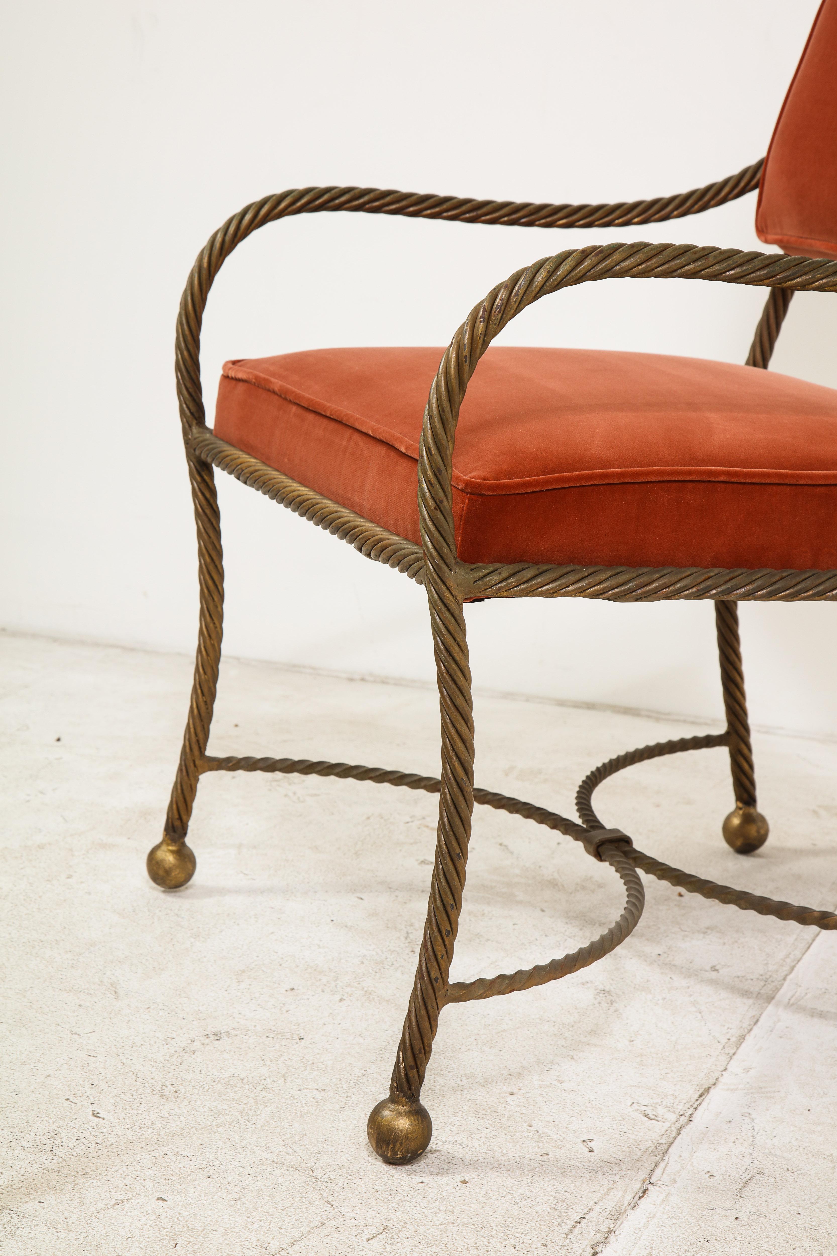 1940s French Roped Brass Armchair, Newly Upholstered in Rose Velvet 3