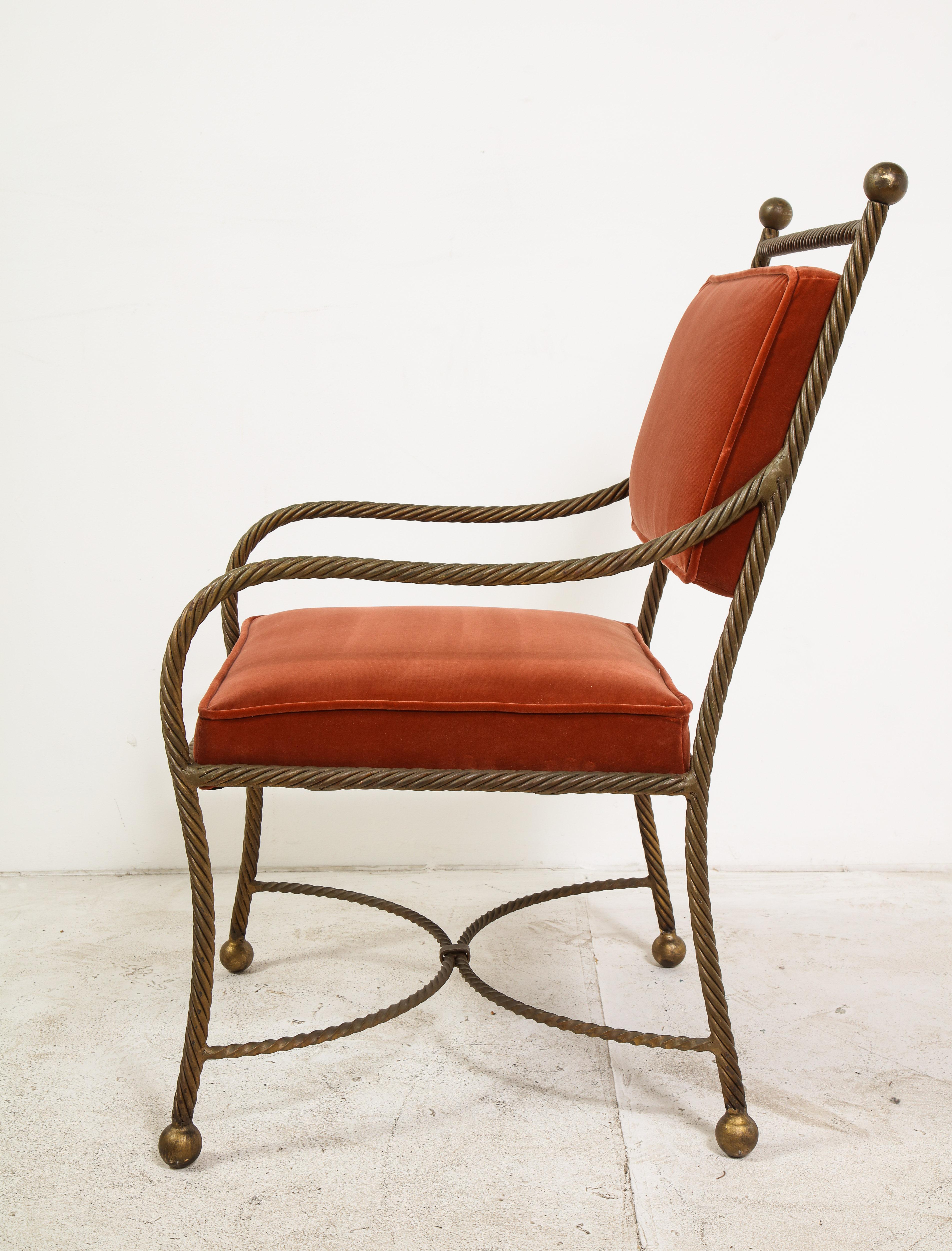 1940s French Roped Brass Armchair, Newly Upholstered in Rose Velvet 5