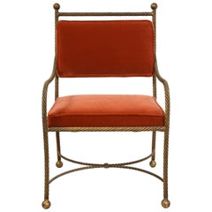1940s French Roped Brass Armchair, Newly Upholstered in Rose Velvet