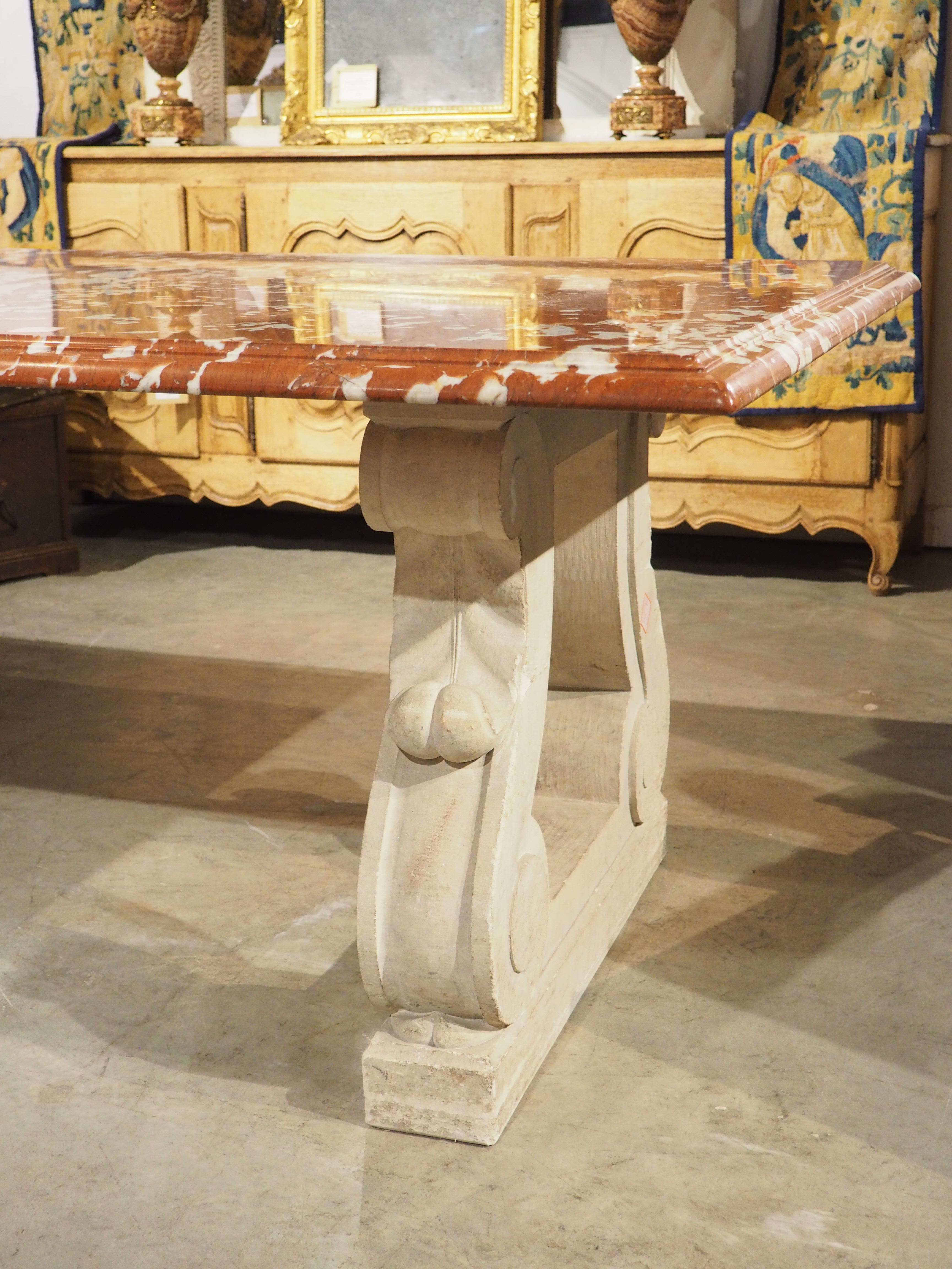 1940s French Rouge de Languedoc Marble Table with Parisian Limestone Bases 5