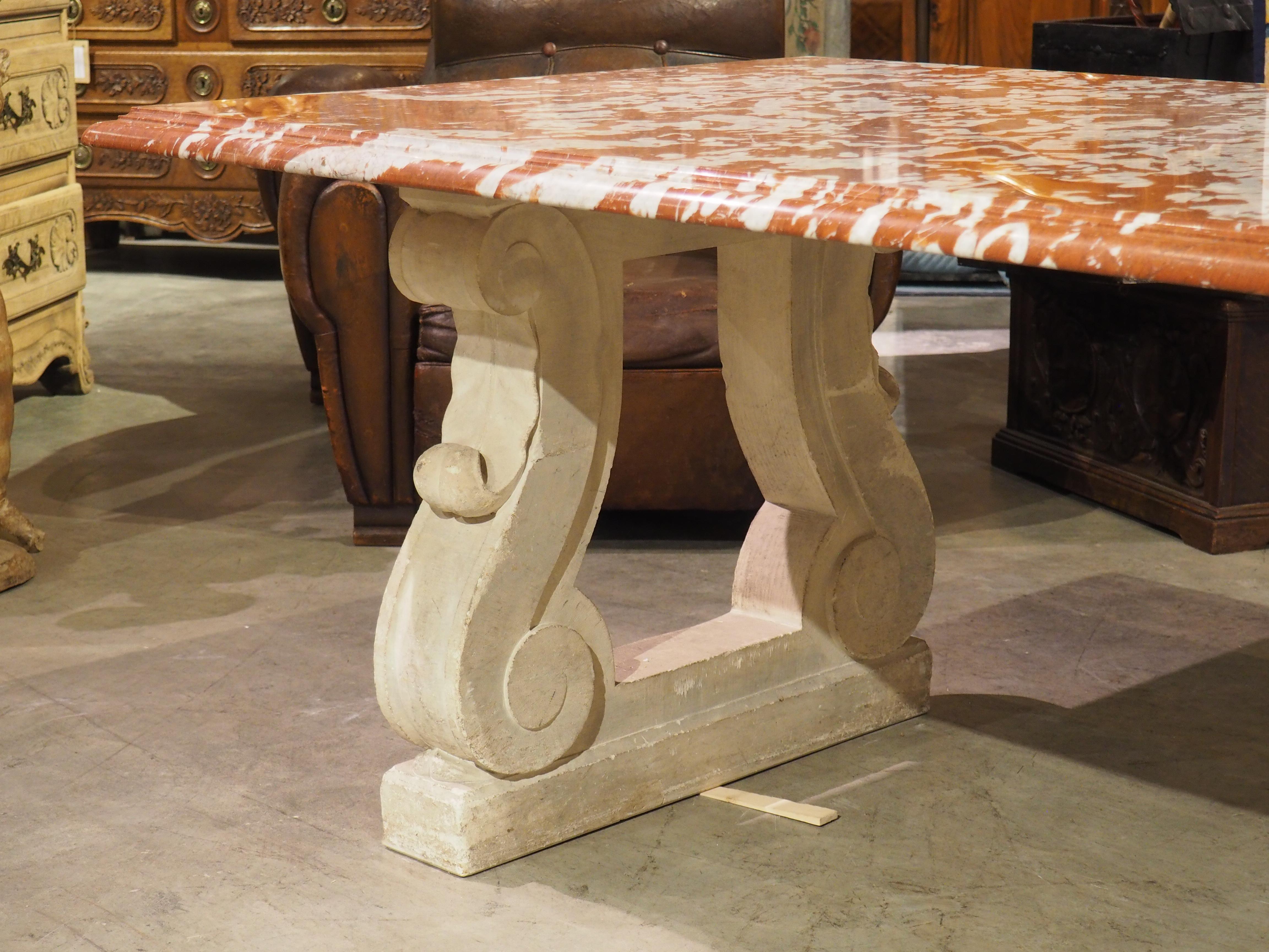 1940s French Rouge de Languedoc Marble Table with Parisian Limestone Bases 6