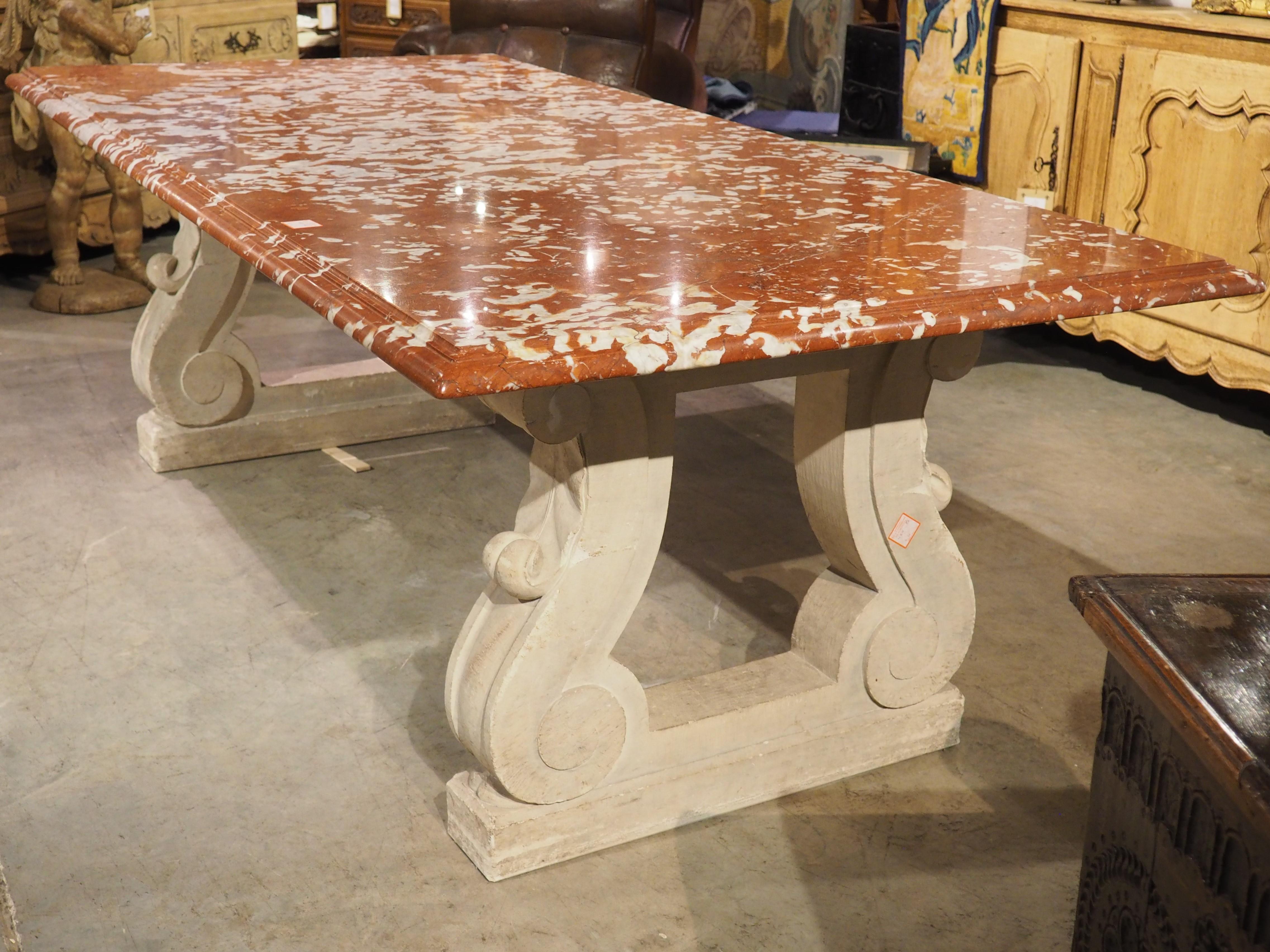 1940s French Rouge de Languedoc Marble Table with Parisian Limestone Bases 8