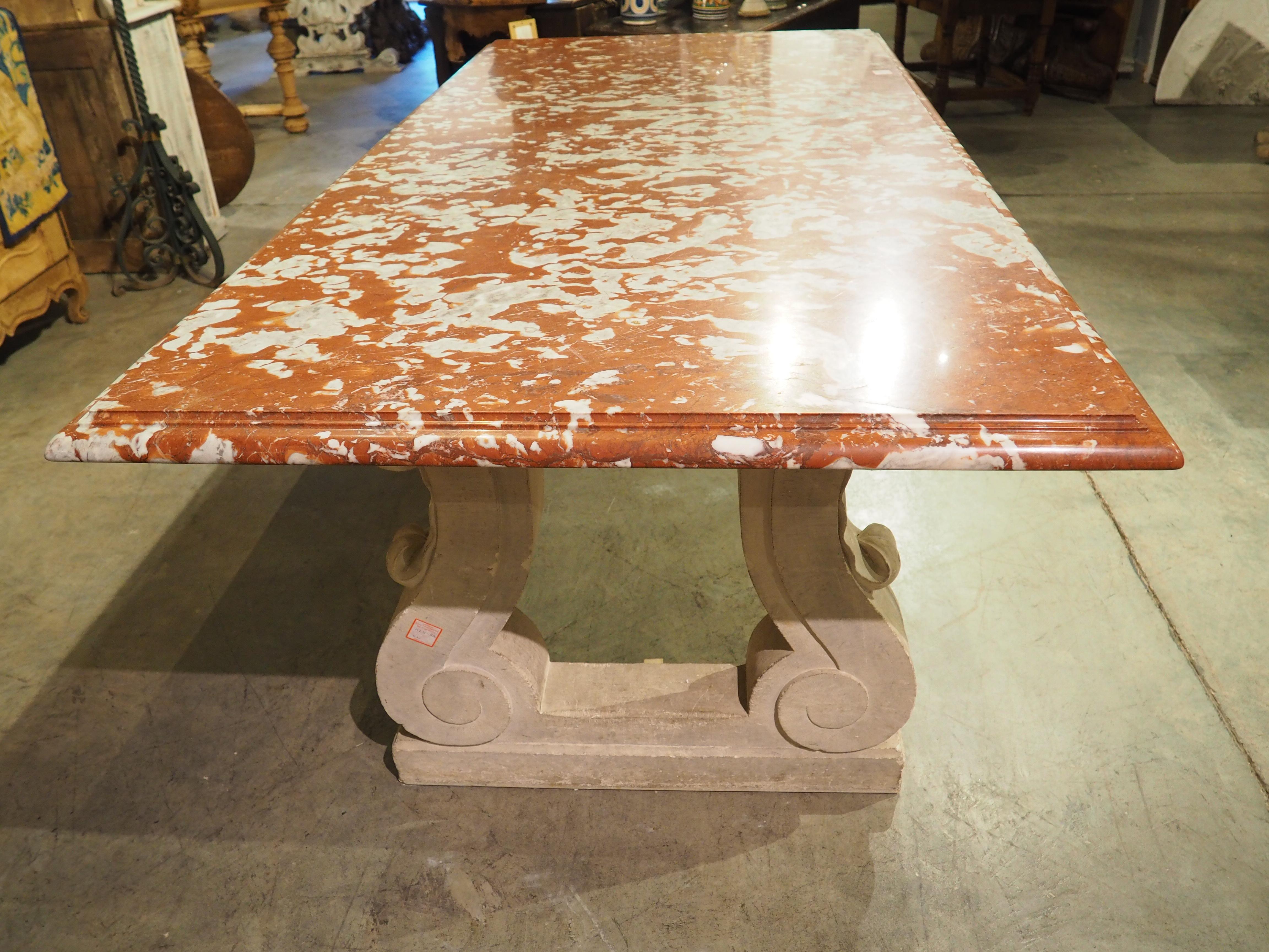 1940s French Rouge de Languedoc Marble Table with Parisian Limestone Bases 12