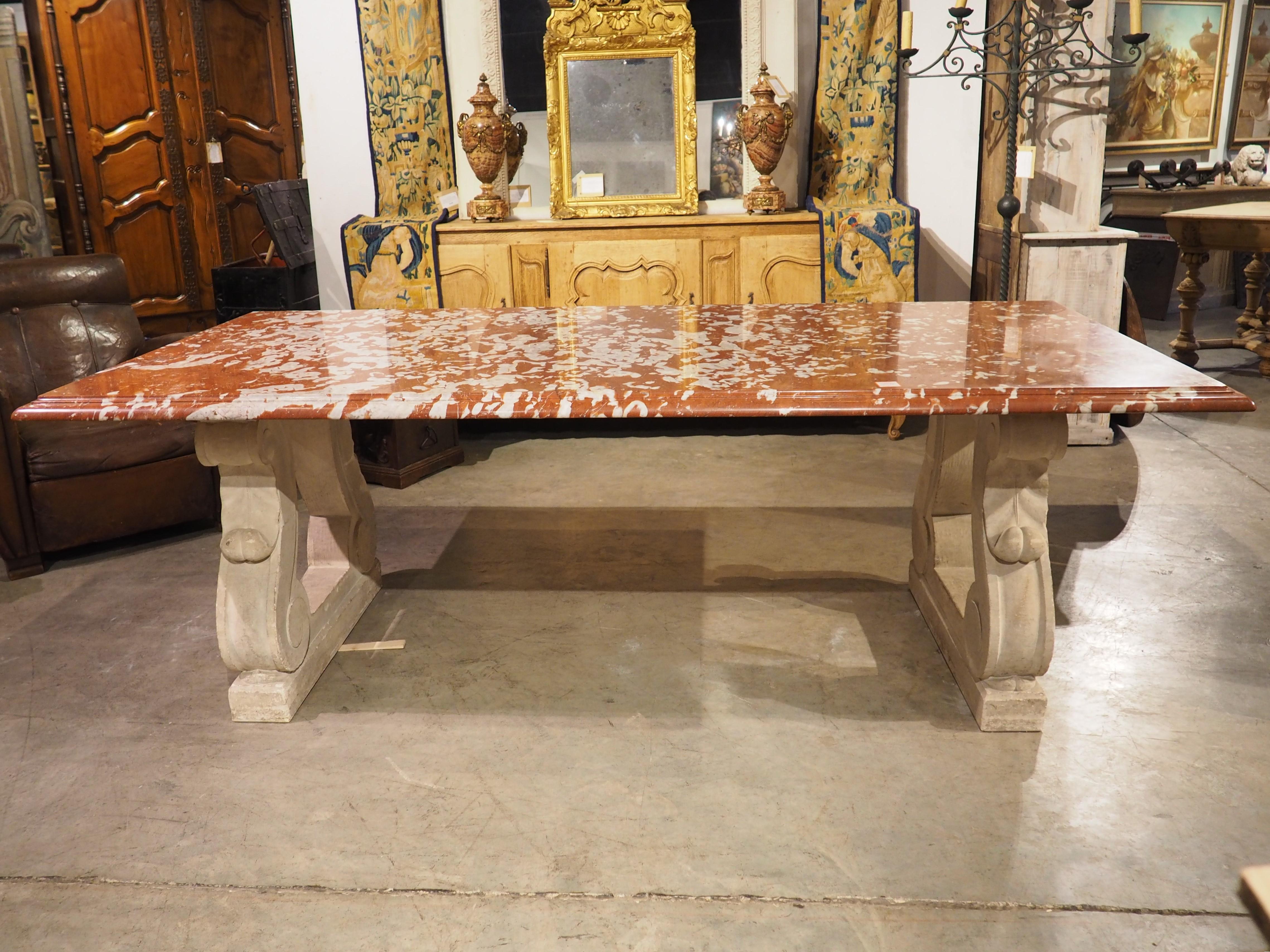 1940s French Rouge de Languedoc Marble Table with Parisian Limestone Bases 14