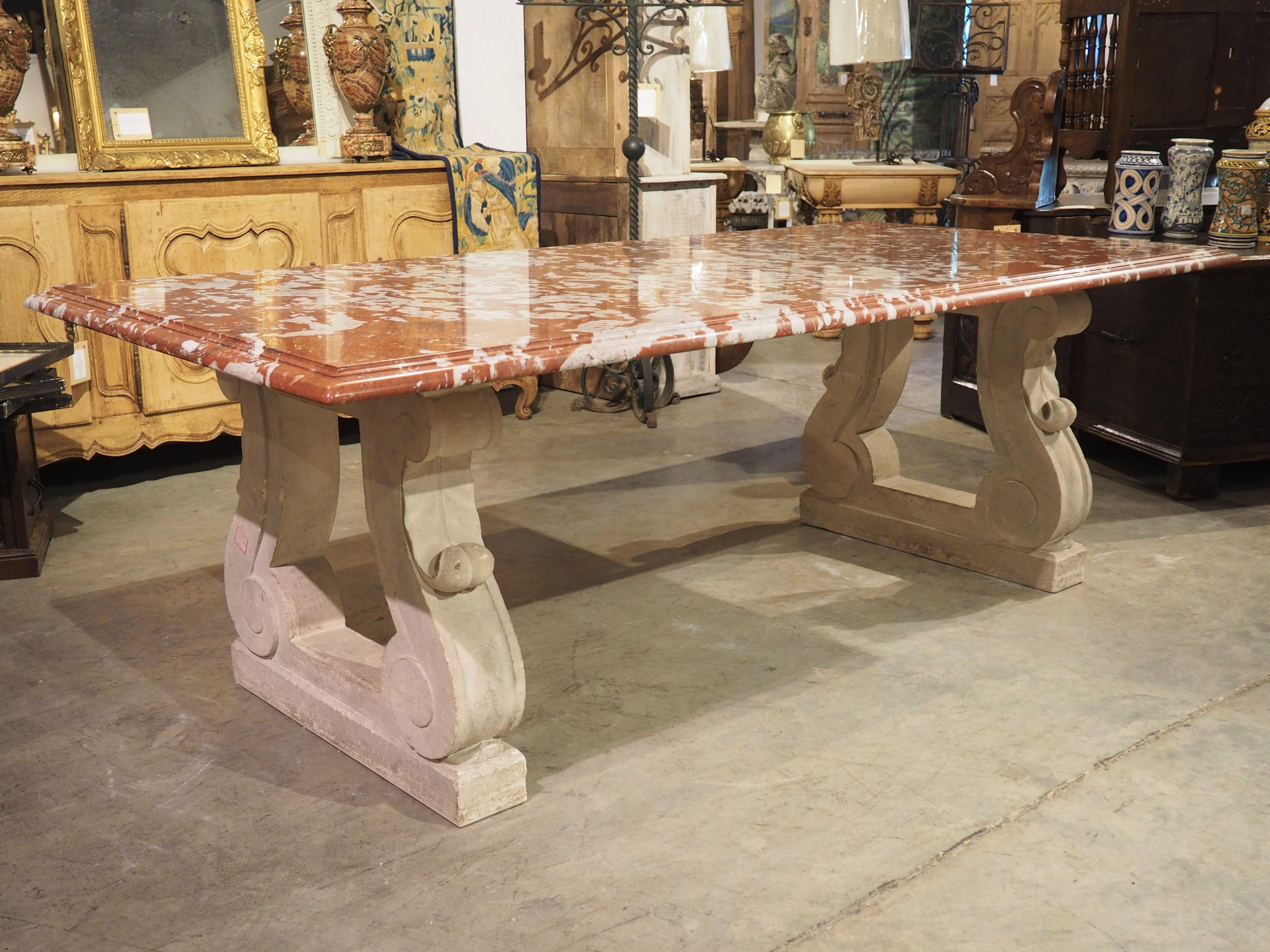 Hand-Carved 1940s French Rouge de Languedoc Marble Table with Parisian Limestone Bases
