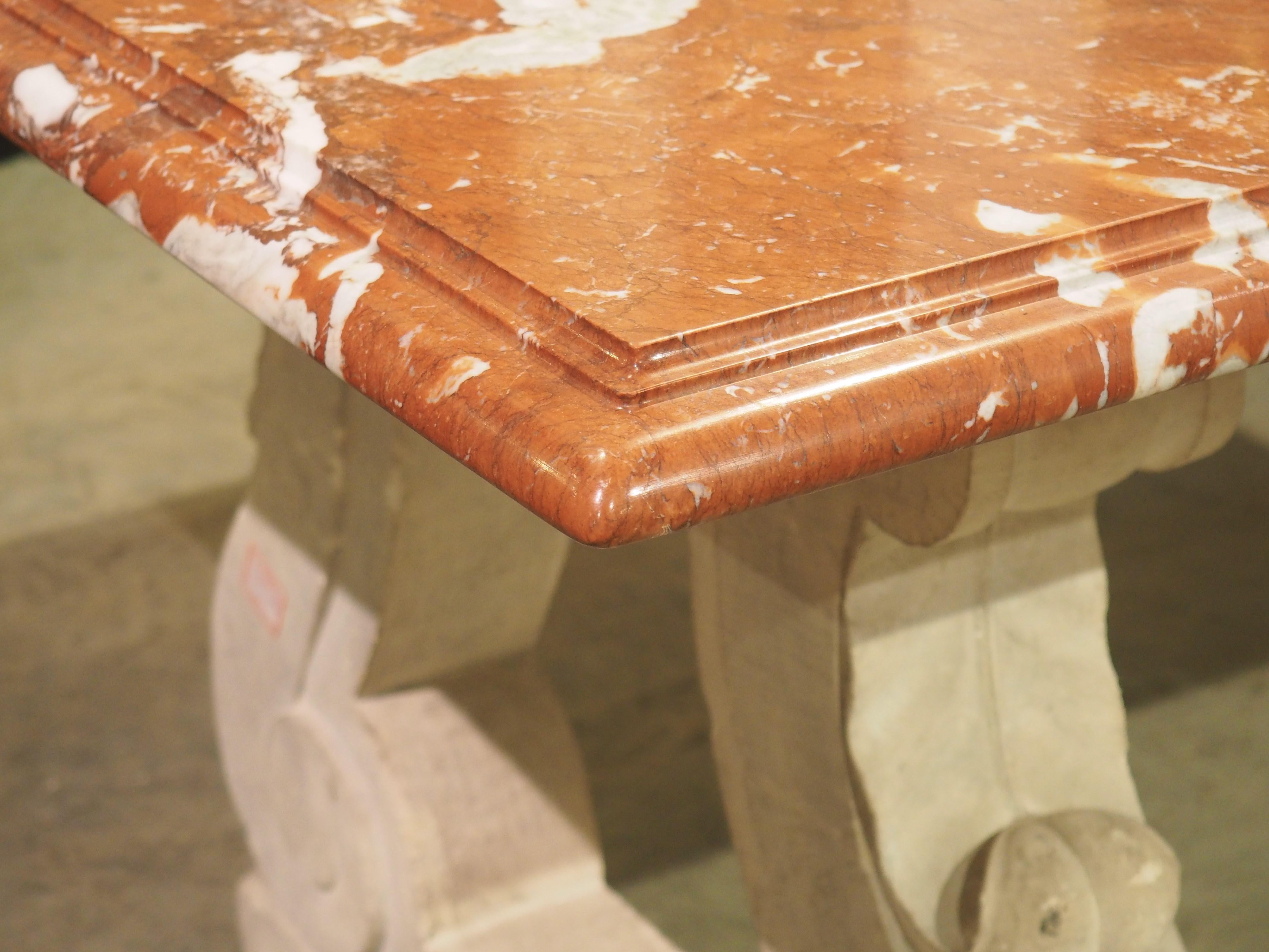 1940s French Rouge de Languedoc Marble Table with Parisian Limestone Bases In Good Condition In Dallas, TX